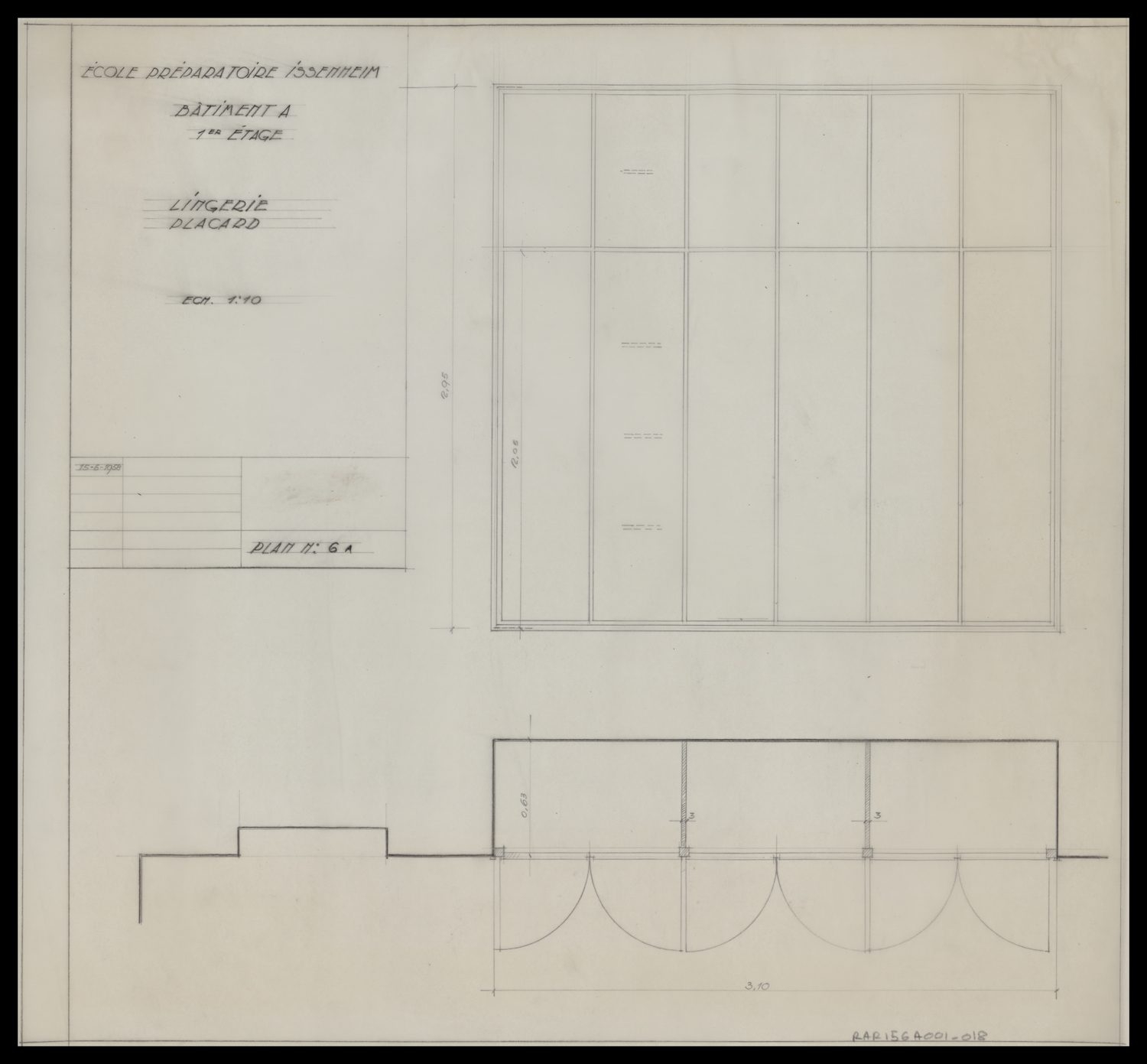 Bâtiment A, plan de masse et élévation du placard de la lingerie du premier étage.