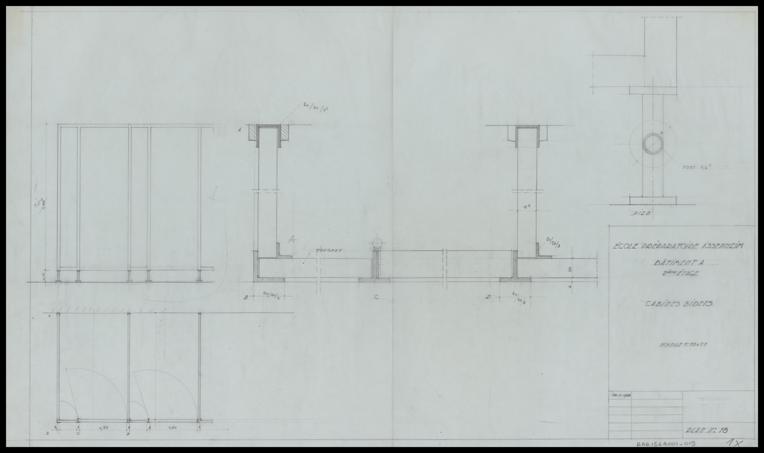 Bâtiment A, plans de masse, élévation et détail des cabines et des bidets du deuxième étage.