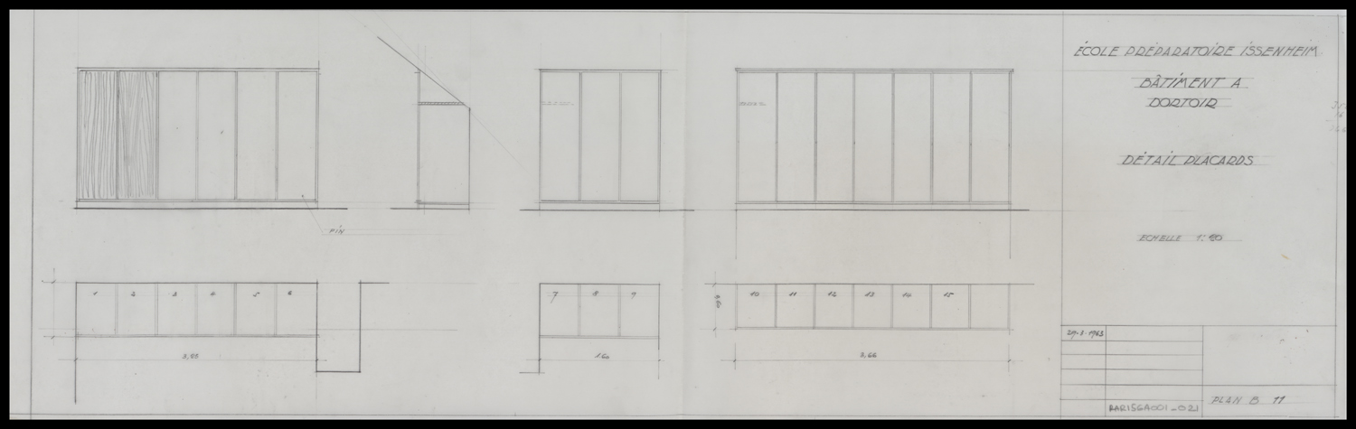 Bâtiment A, plan de masse et élévation des placards du dortoir.