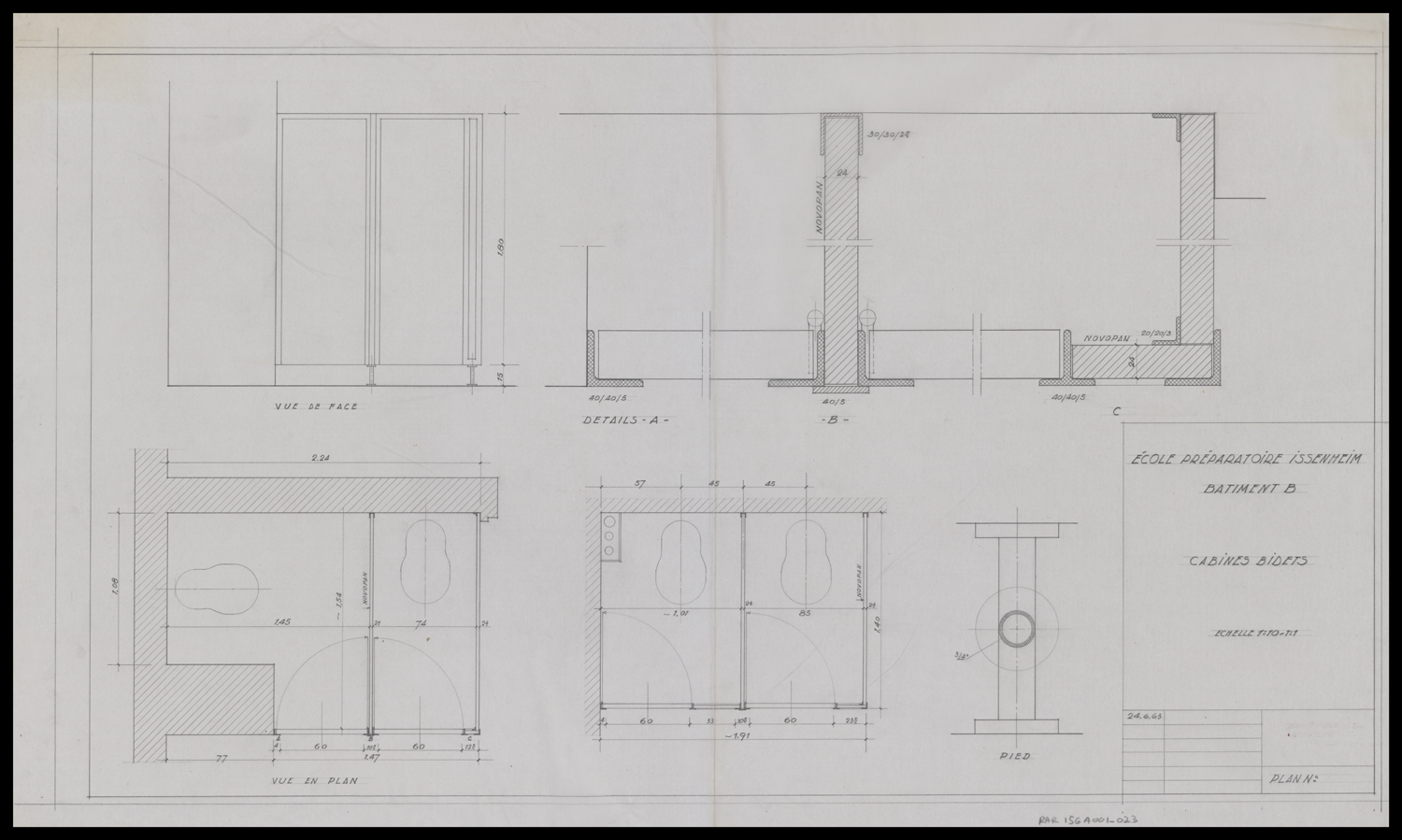 Bâtiment B, plans de masse, élévation et détails des cabines et des bidets.