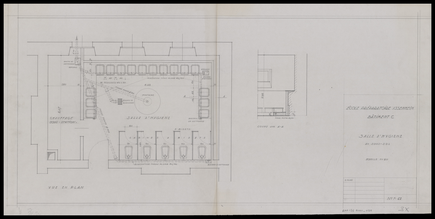 Bâtiment C, plan de masse de la salle d’hygiène au sous-sol.