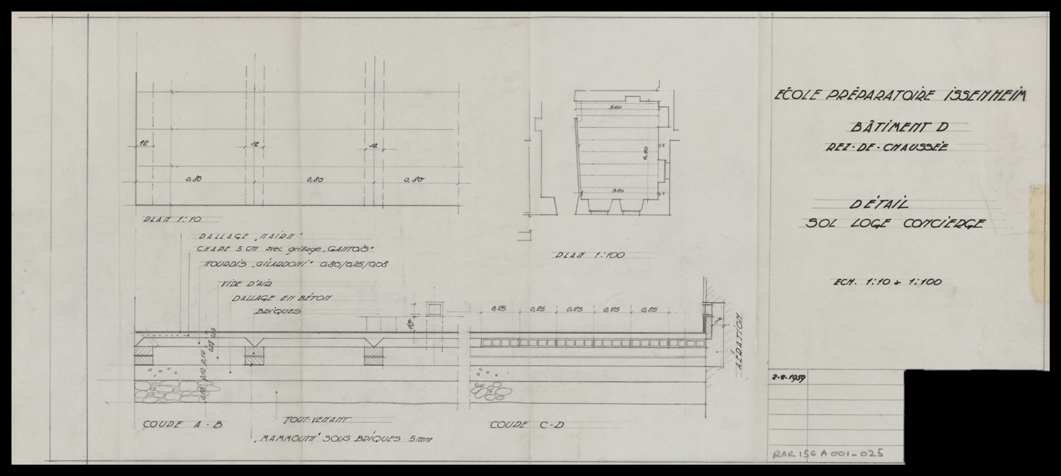 Bâtiment D, plans de masse et coupes du sol de la loge du concierge.