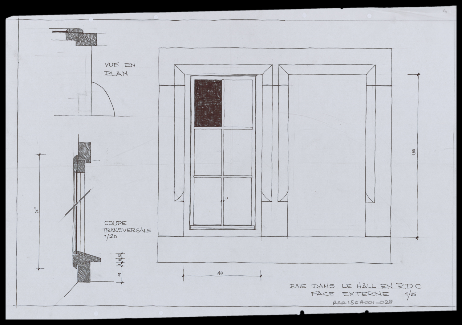 Vue en plan, élévation et coupe transversale sur la baie du hall du rez-de-chaussée.