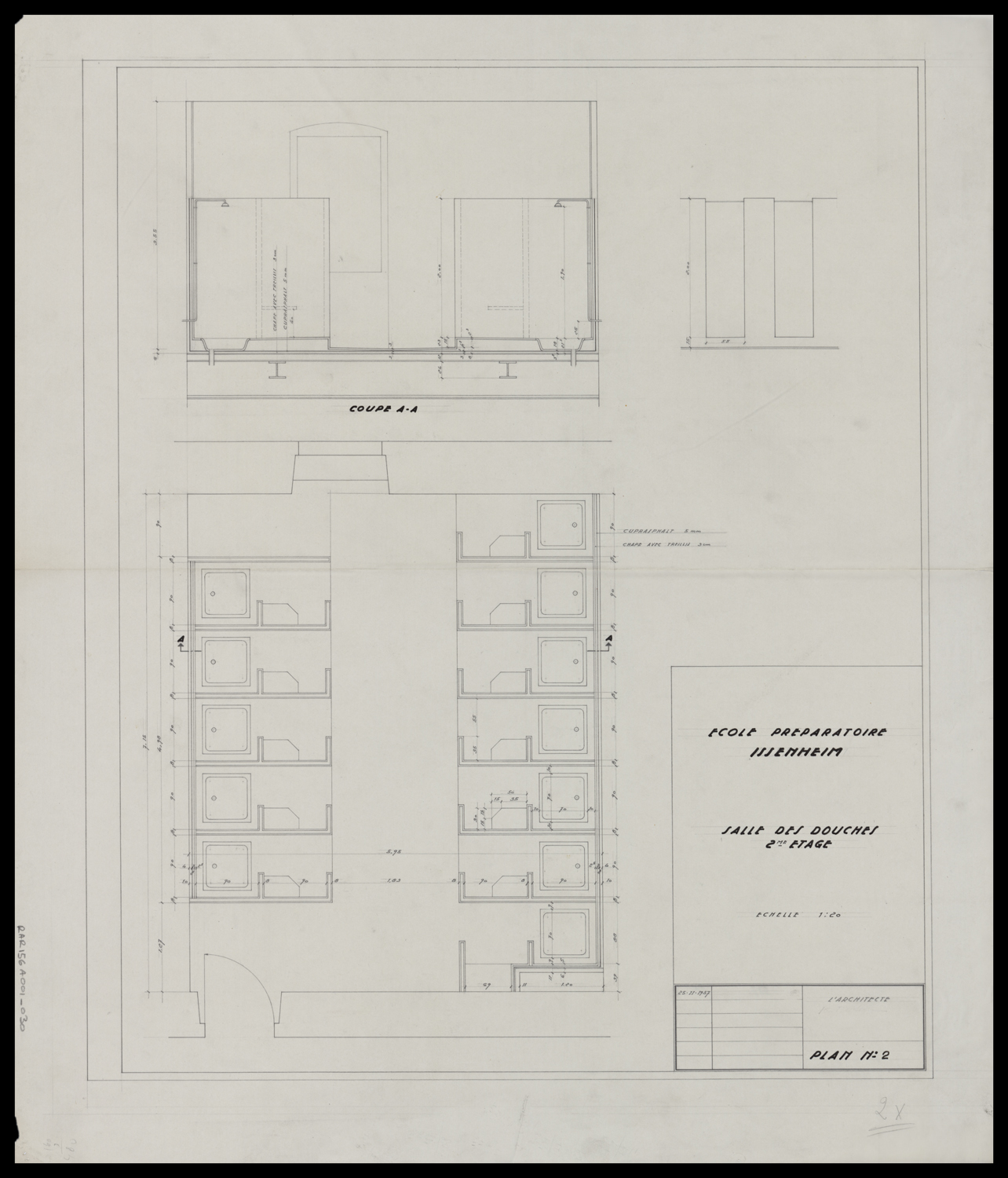 Plan de masse, coupe et élévation de la salle des douches du deuxième étage.