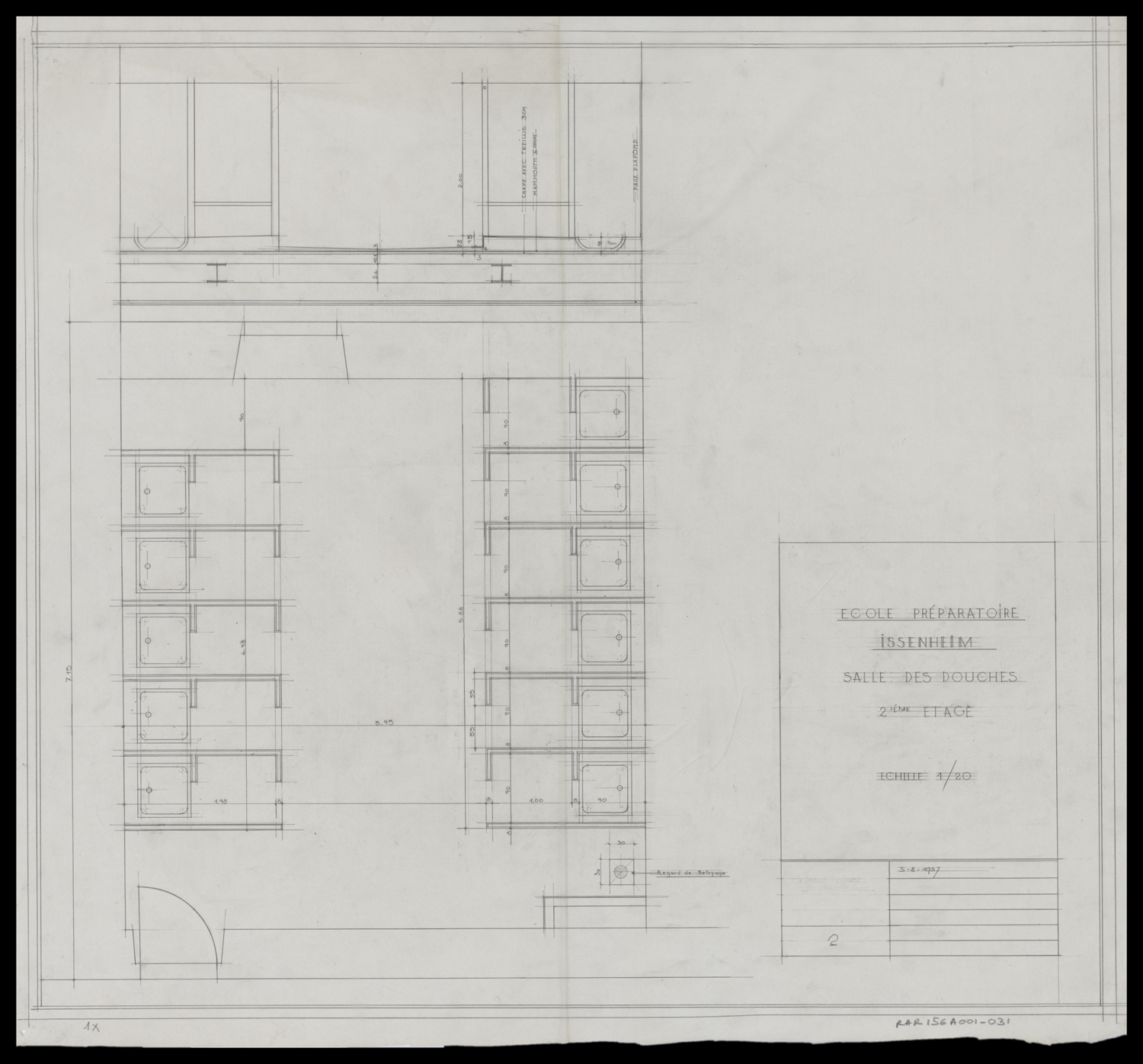 Plan de masse et élévation de la salle des douches du deuxième étage.