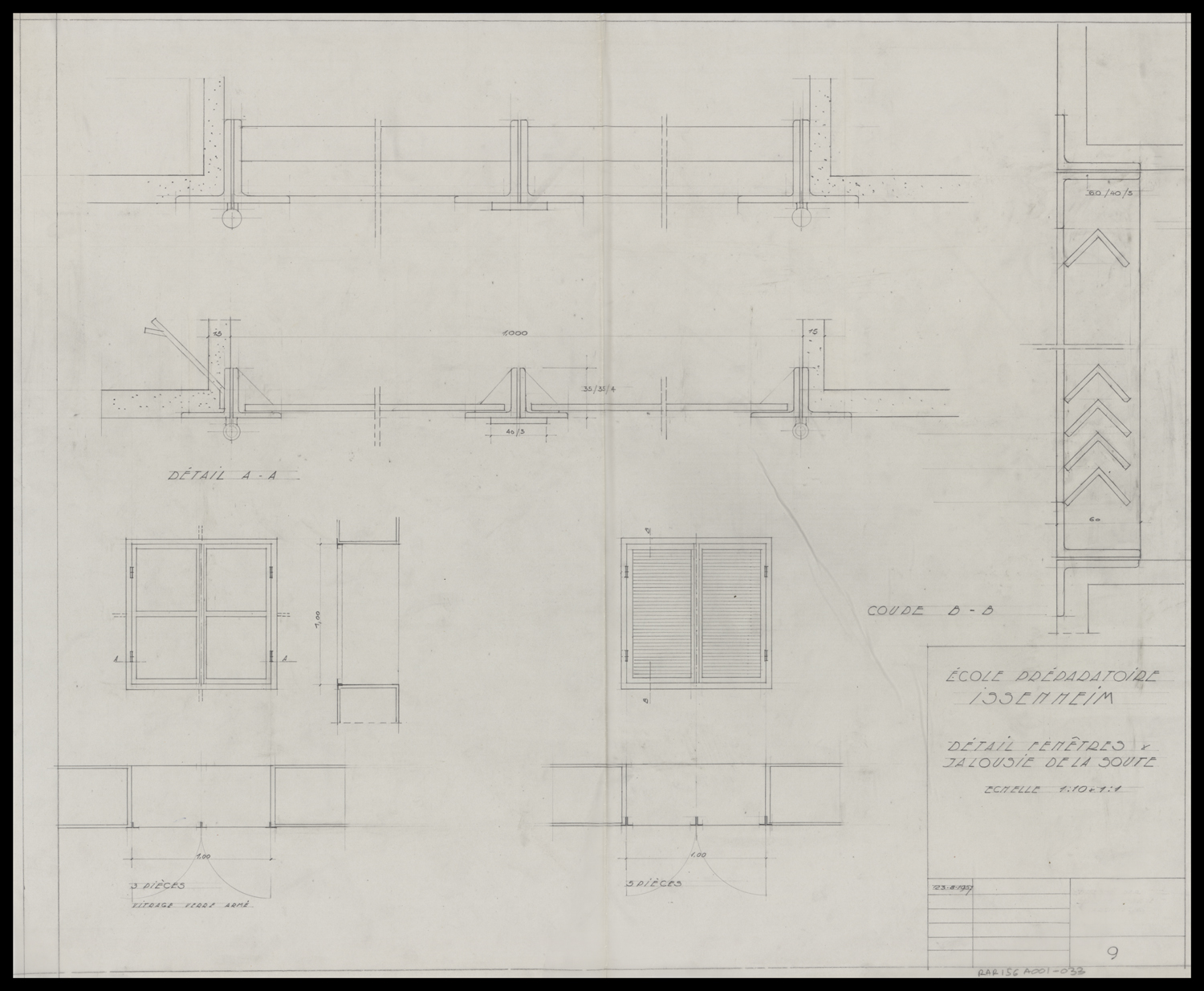 Plans, élévations et détails des fenêtres et de la jalousie de la soute.