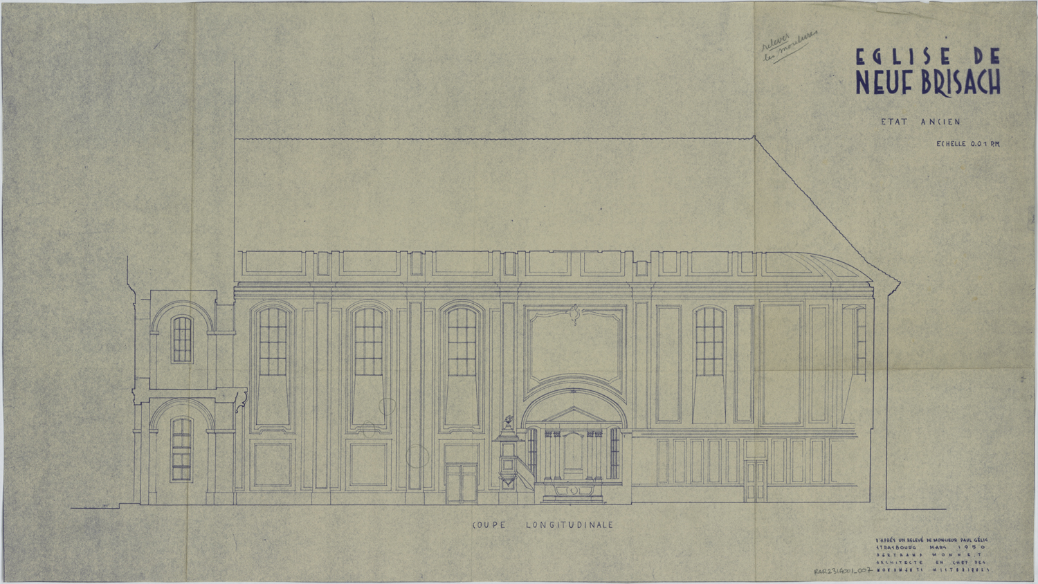 Coupe longitudinale sur la façade sud (état ancien).