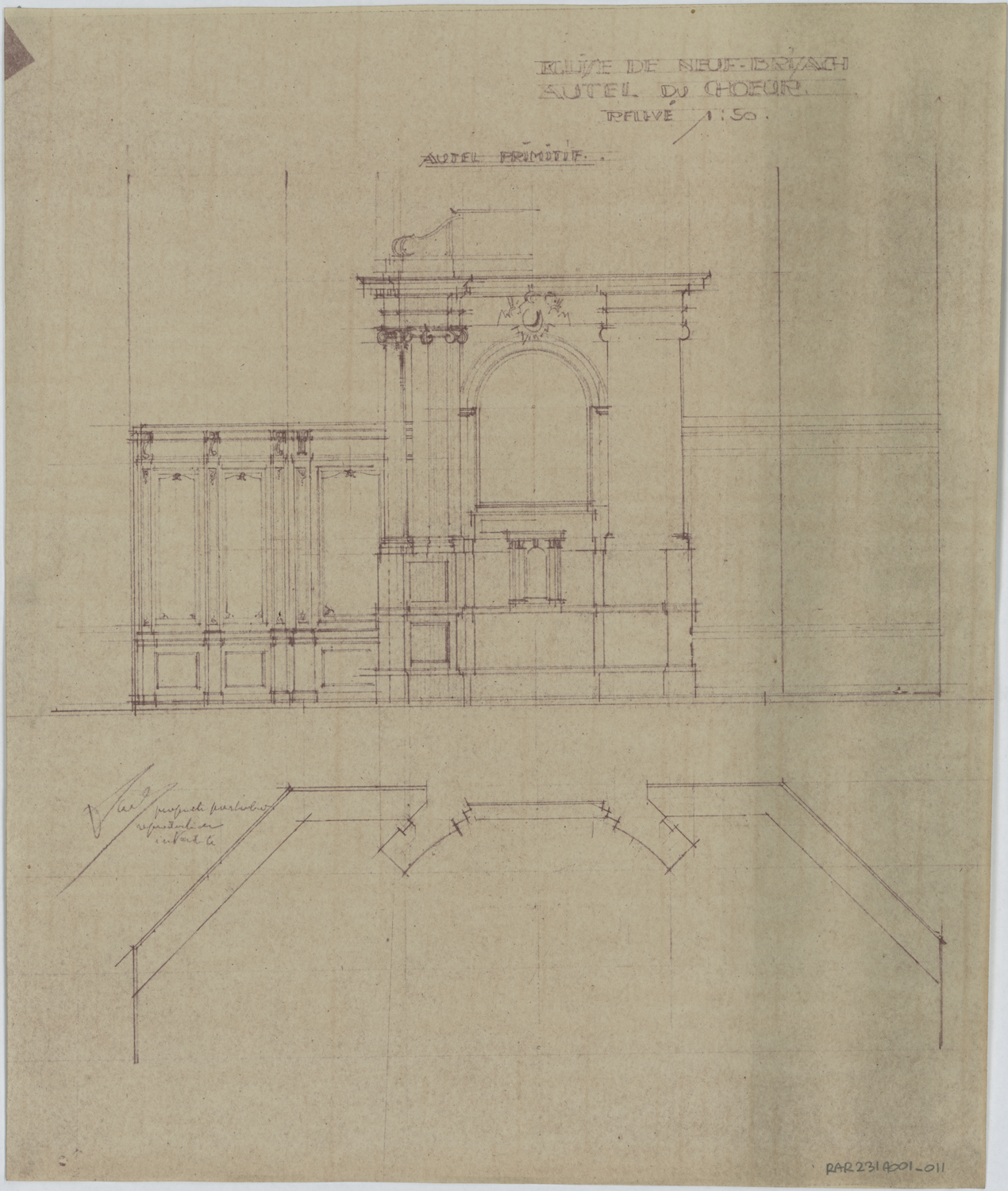 Plan et élévation du maître-autel primitif.