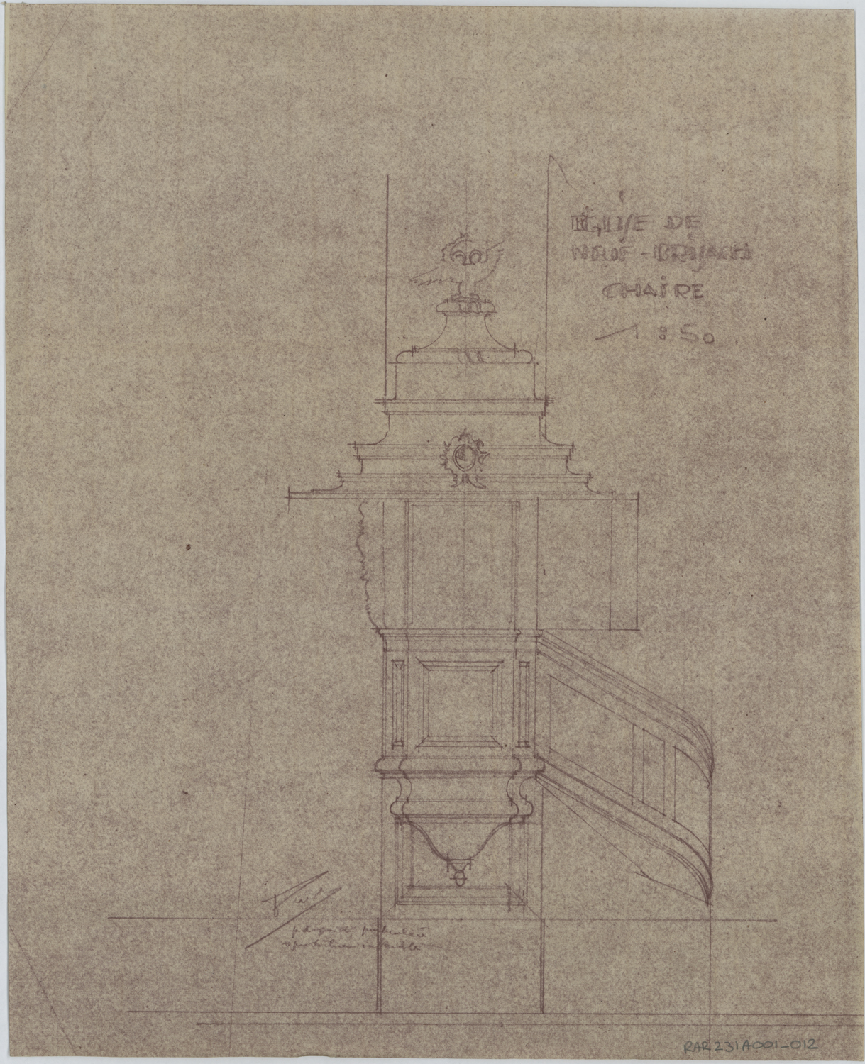 Elévation et coupe de la chaire à prêcher.