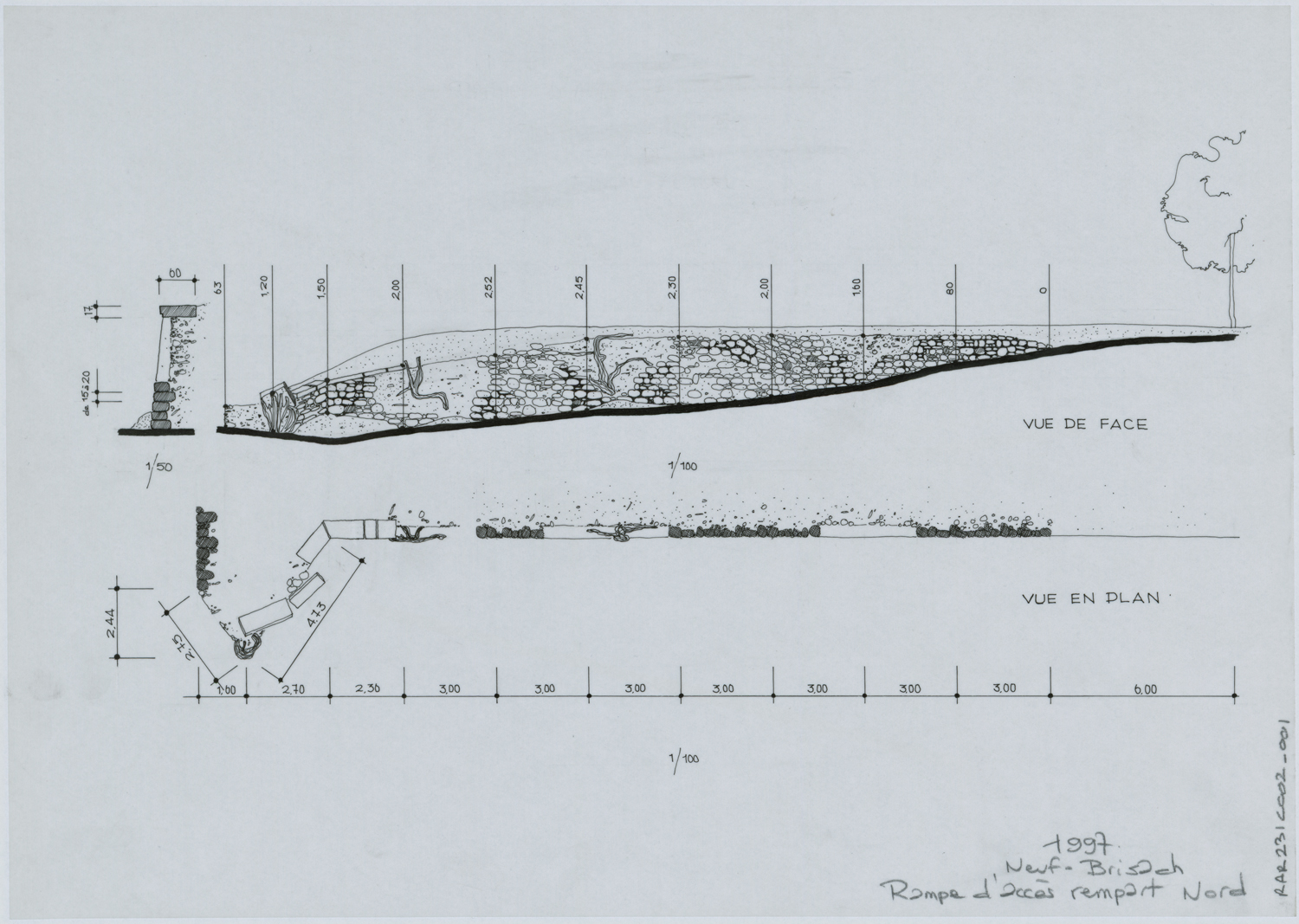 Plan et vue de face de la rampe d’accès du rempart nord.
