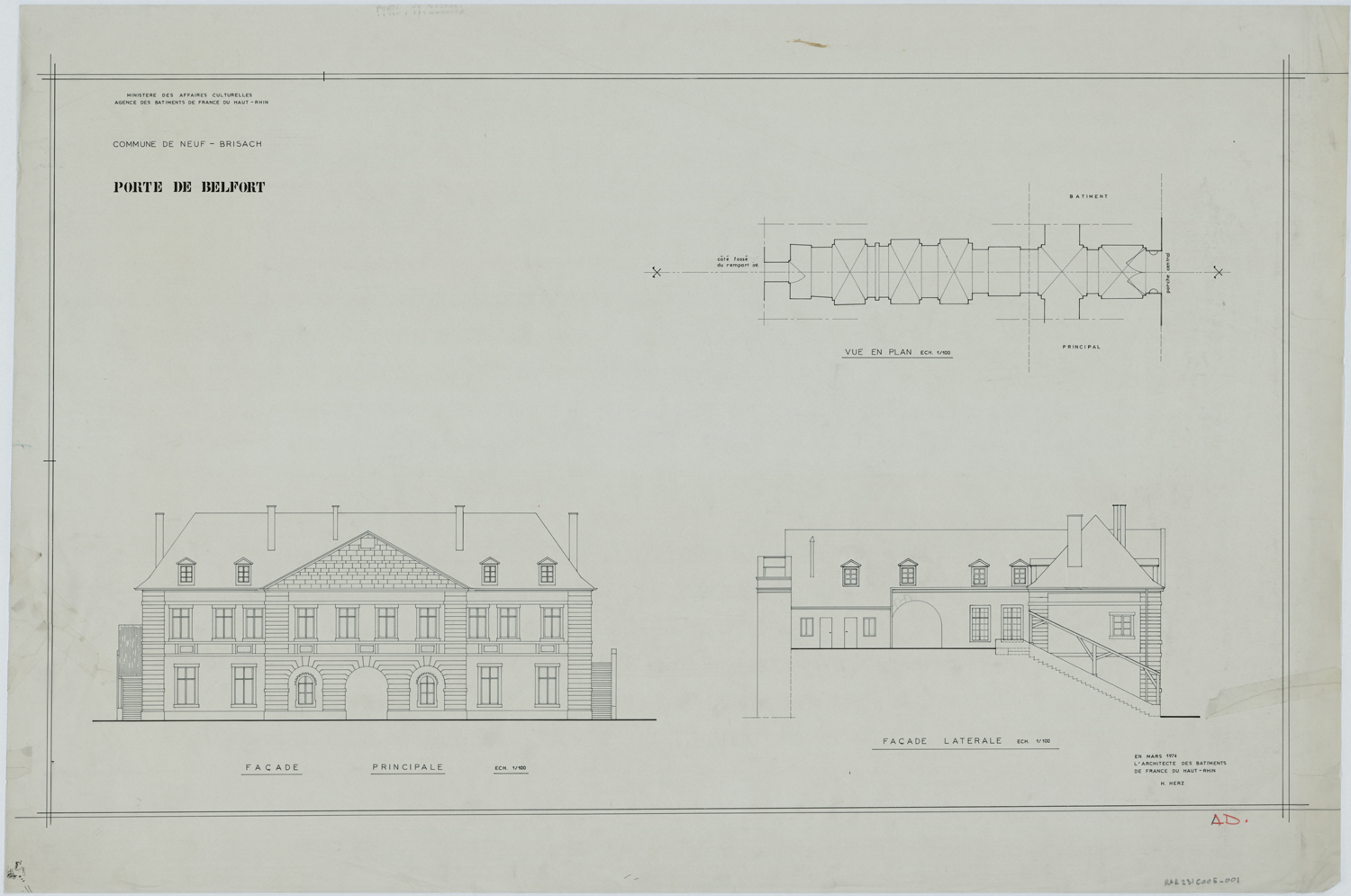 Plan de masse, élévations de la façade côté ville et d’une façade latérale.