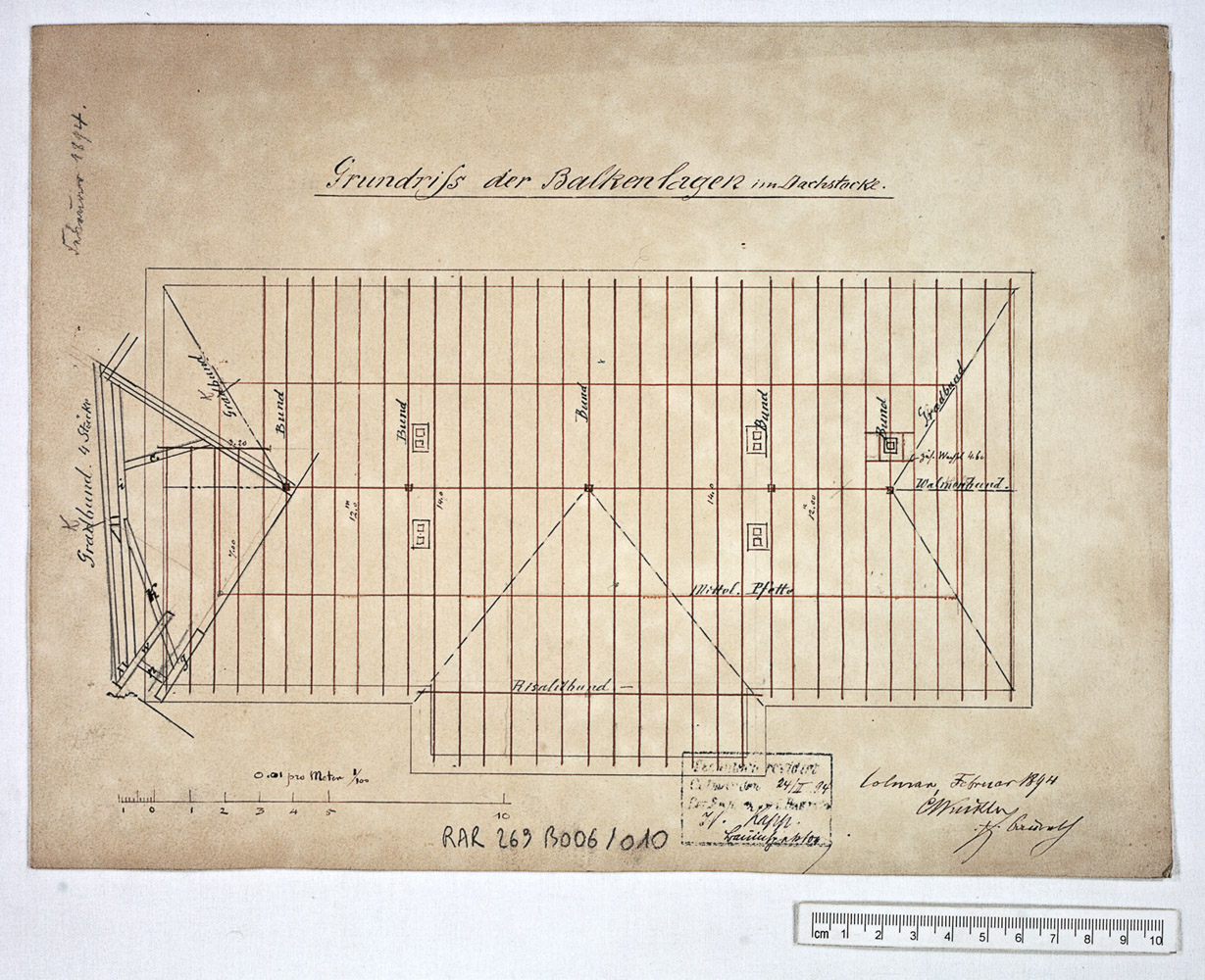 Projet de construction, élévation et plan de la charpente.