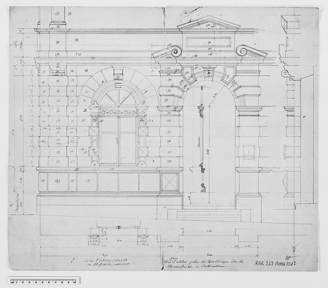 Projet de construction, coupe et élévation de la façade d’entrée.