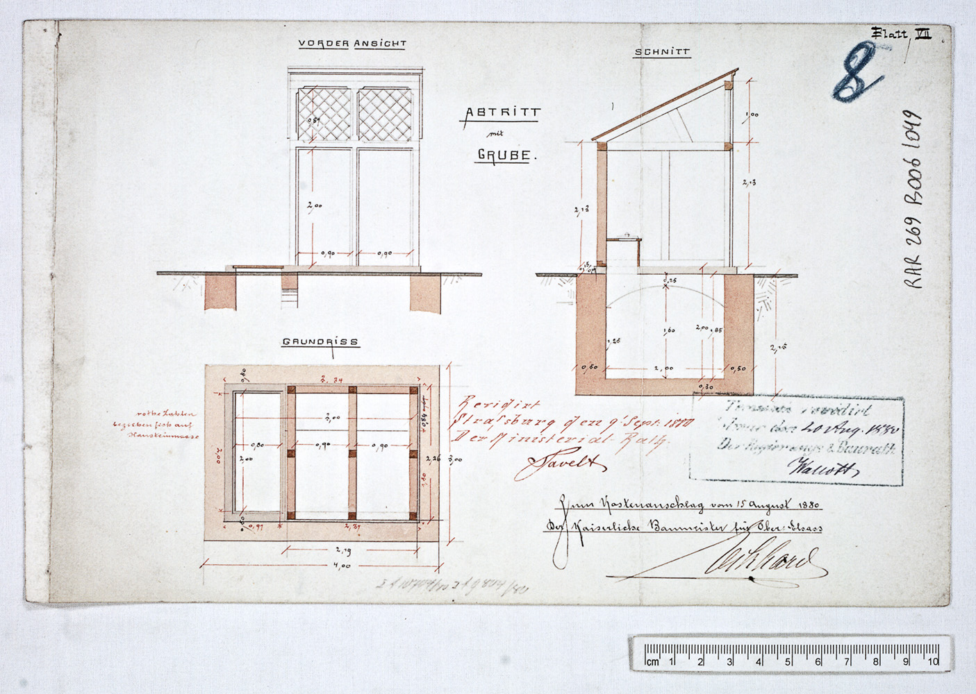 Projet de construction, plan, coupe de la structure des sanitaires ; élévation de la fenêtre des sanitaires. 