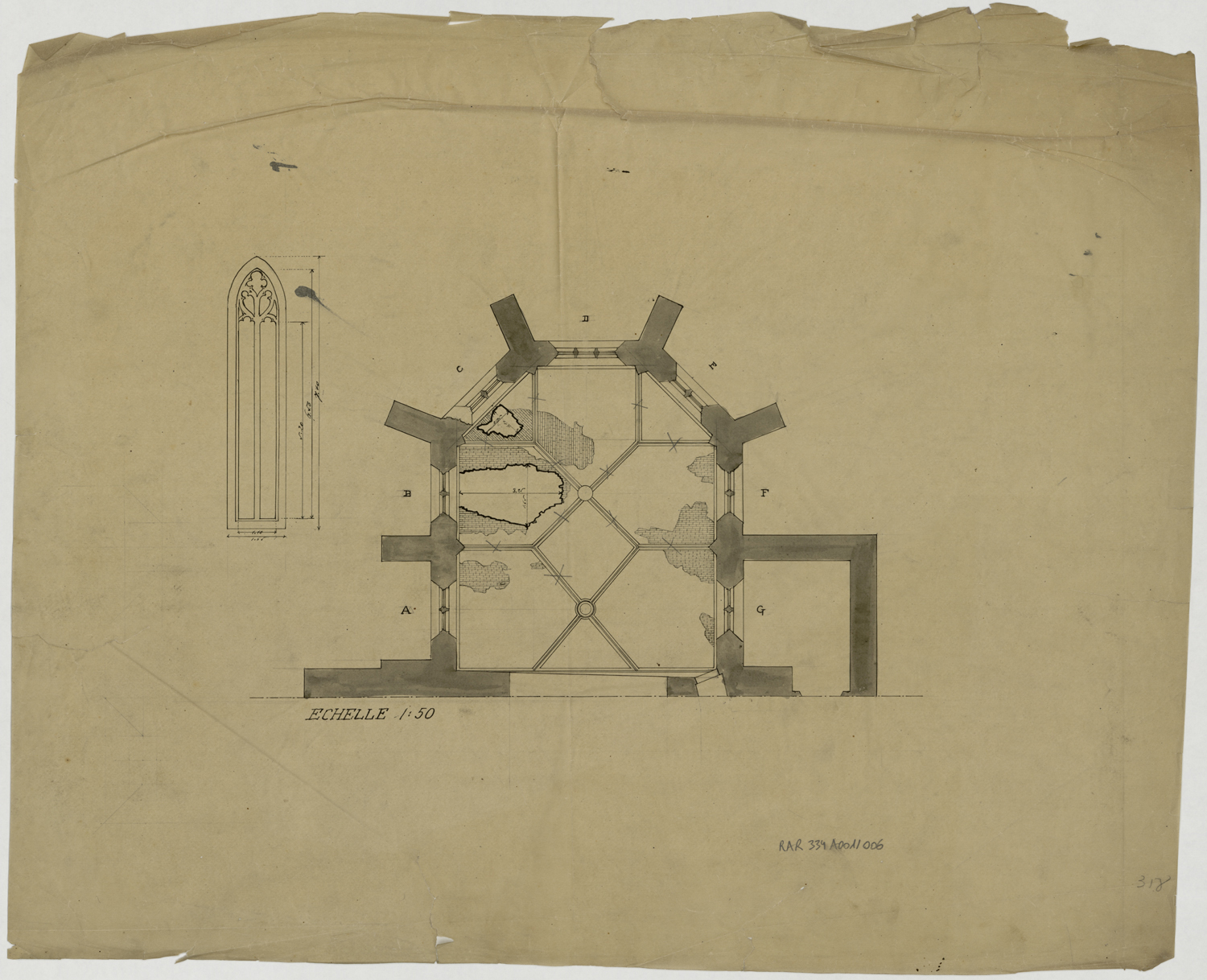 Projet de restauration, plan de la voûte du choeur et élévation d’une baie.