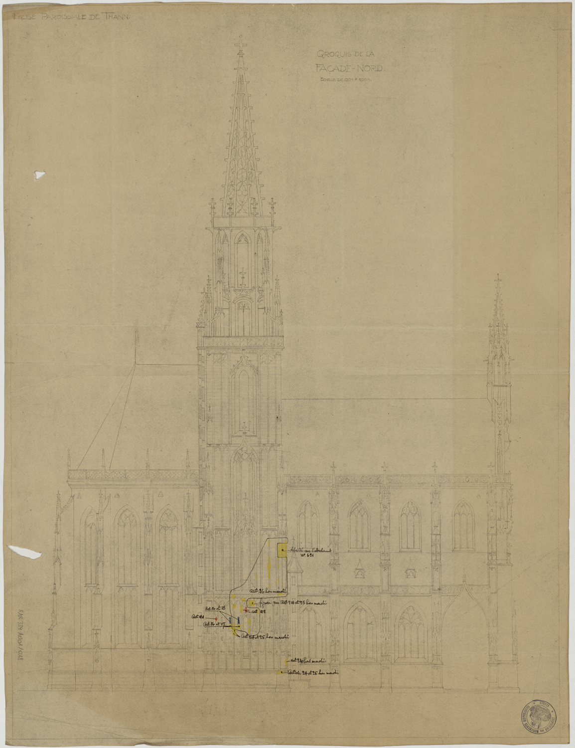 Projet de restauration, élévation de la façade nord.