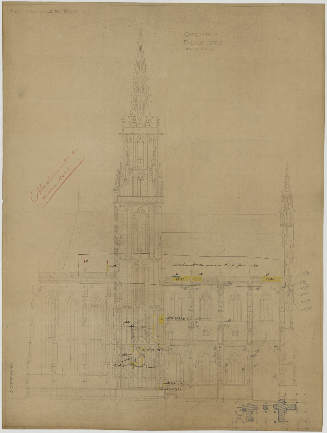 Projet de restauration, élévation de la façade nord.