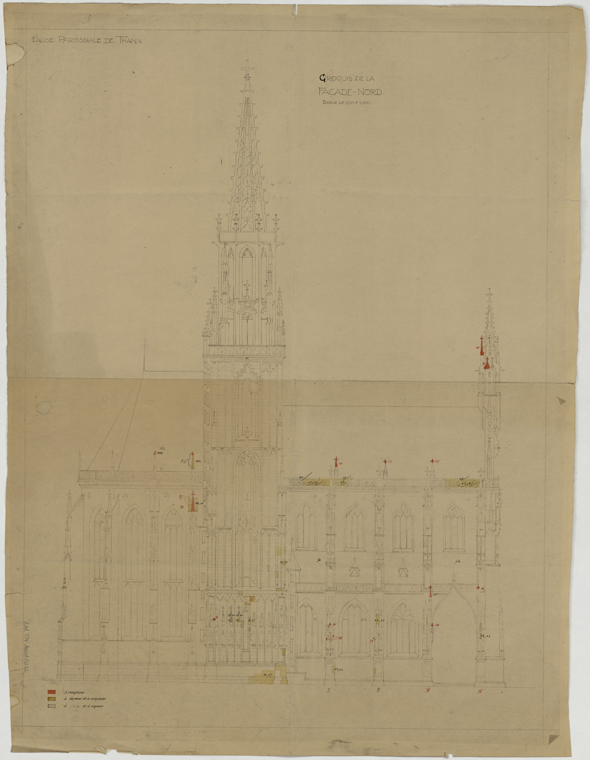 Projet de restauration, élévation de la façade nord.