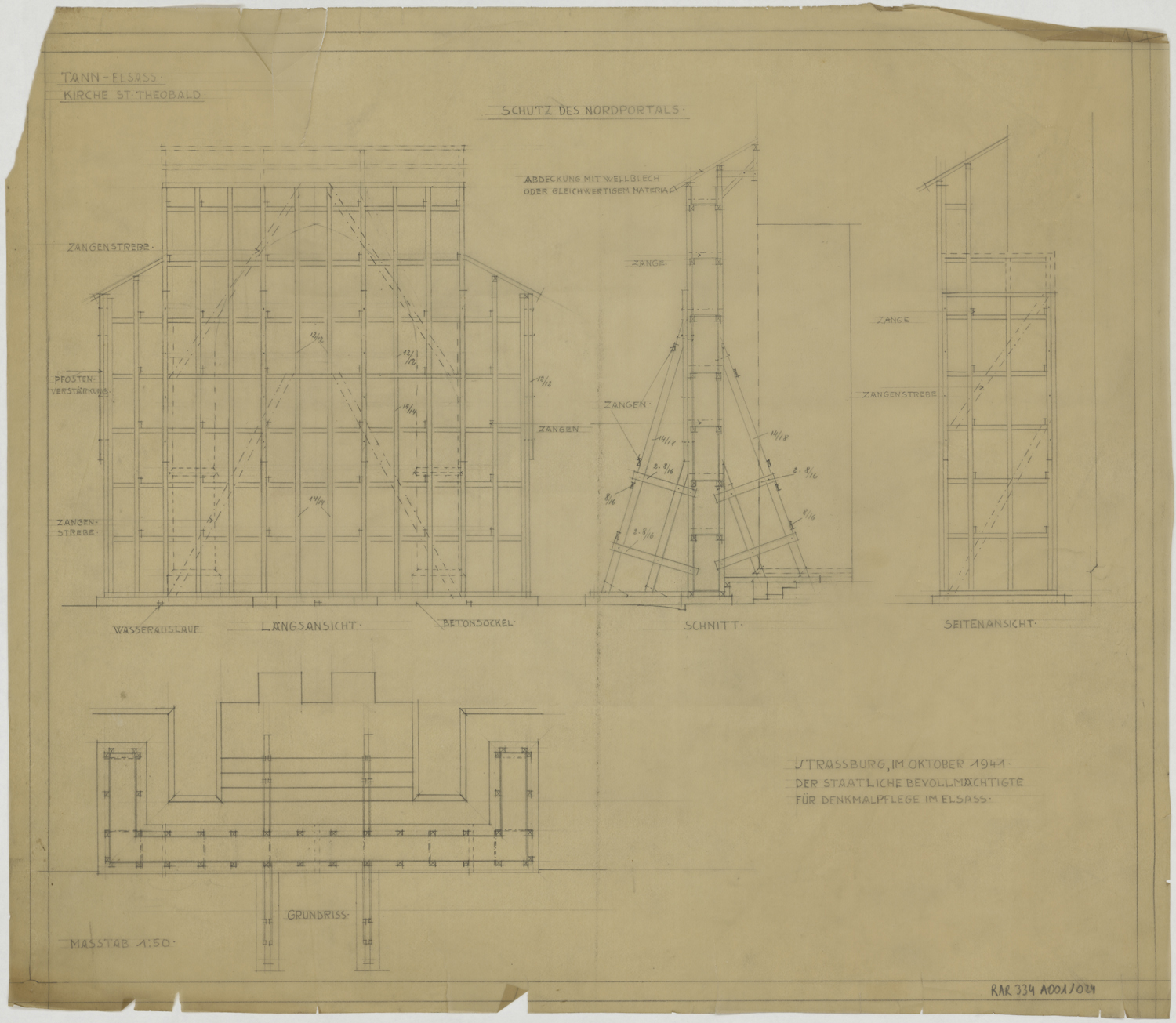 Défense passive, plan, élévations et coupe des échafaudages protégeant le portail nord.