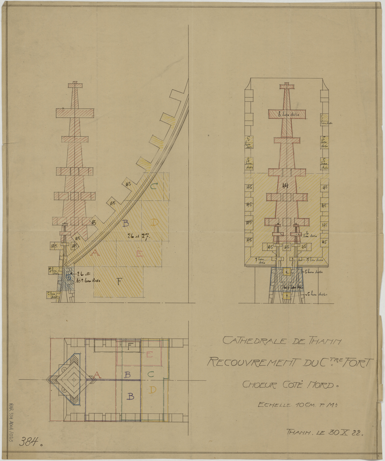 Recouvrement d’un contrefort du choeur côté nord, plan, élévation et coupe.