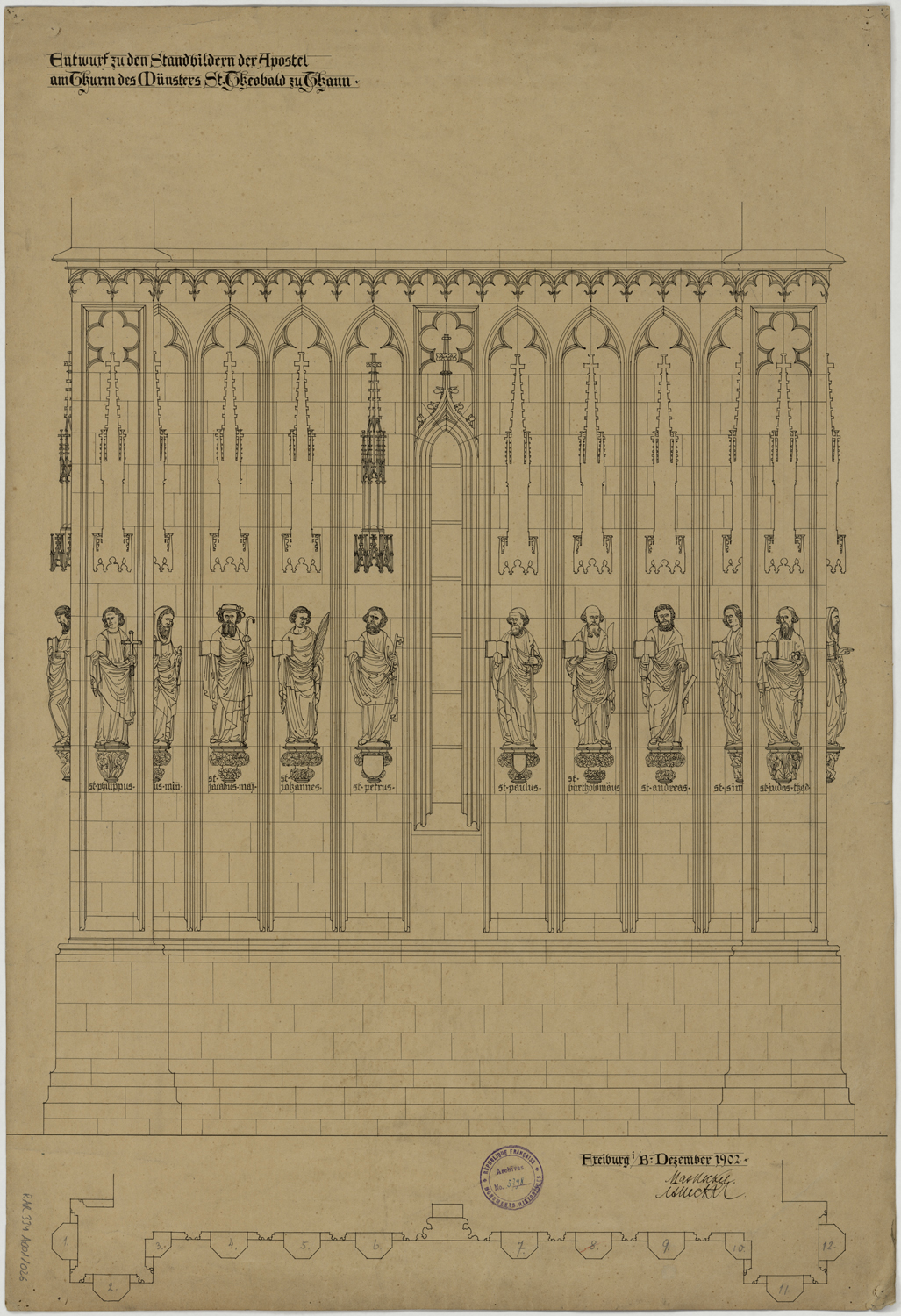 Plan et élévation de la galerie de saints situé sur le côté nord du clocher.