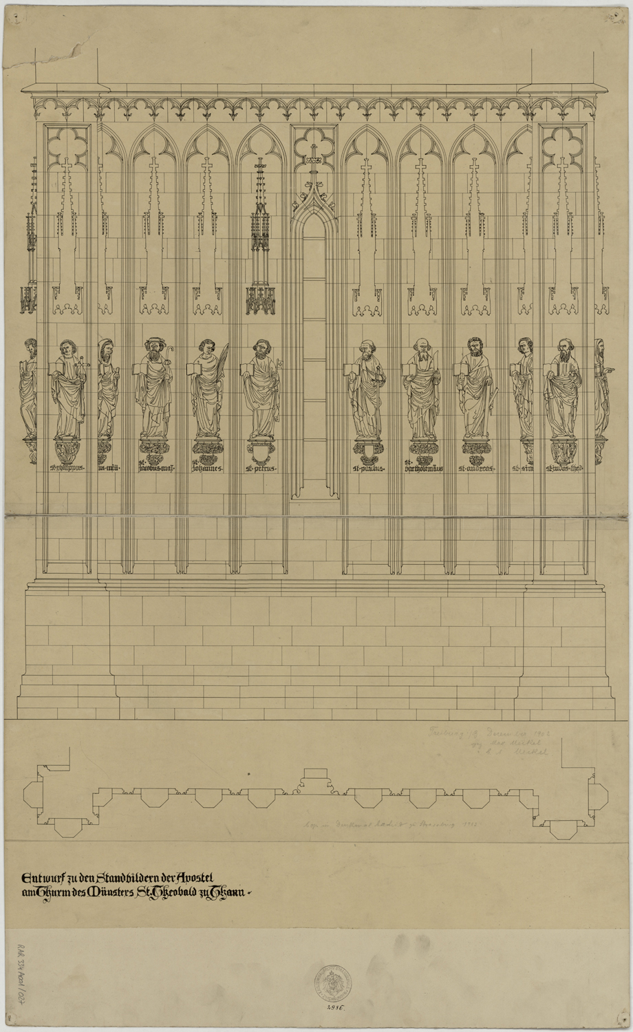 Plan et élévation de la galerie de saints situé sur le côté nord du clocher.