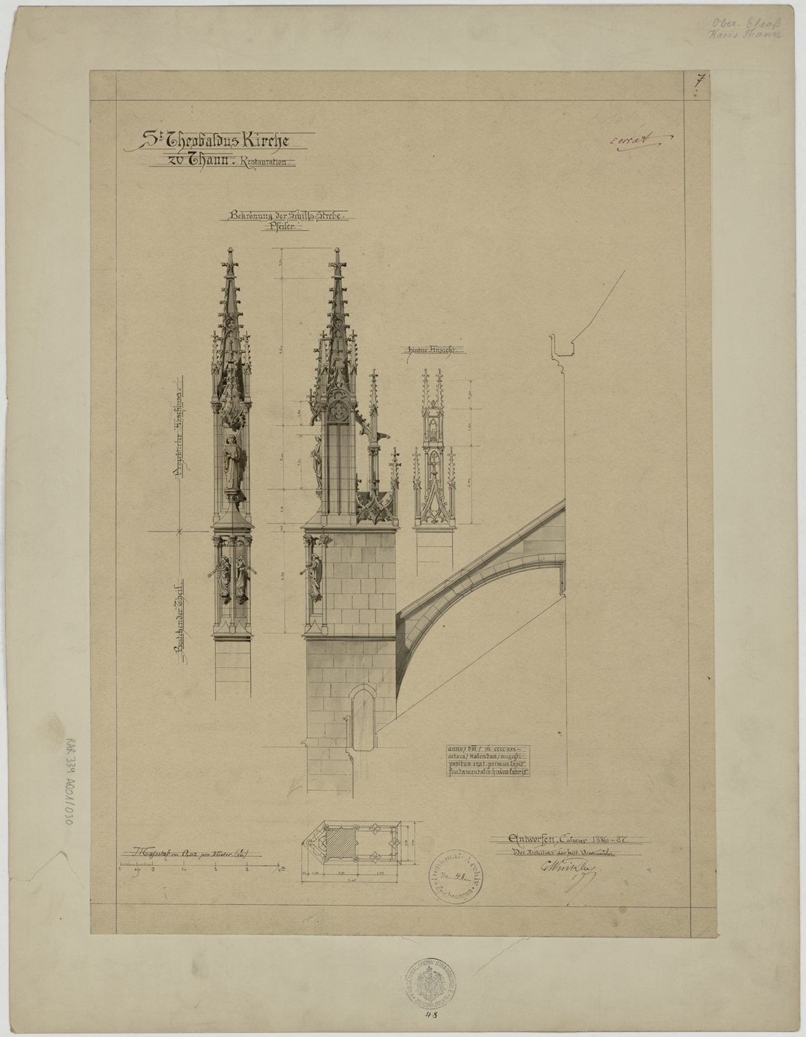 Plan et élévations principale et latérale d’un pinacle de contrefort.