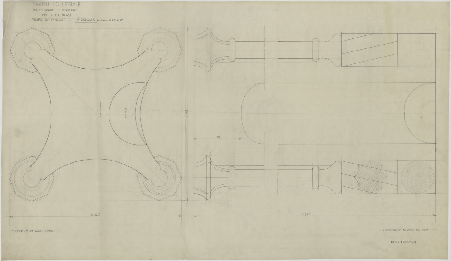 Plan et élévation d’un pinacle de la balustrade supérieure du côté nord de la nef.