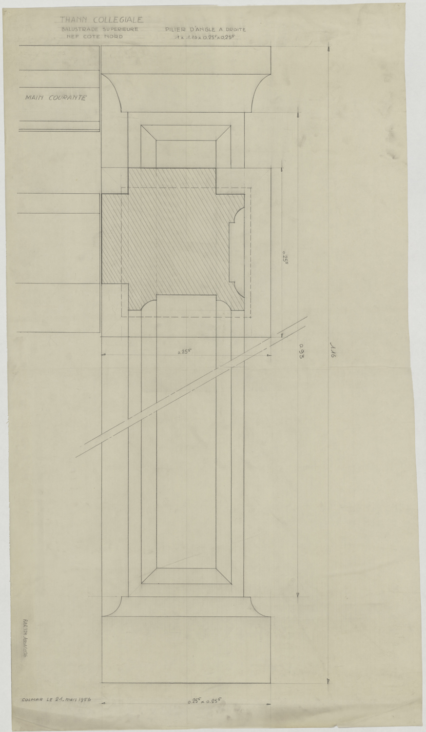 Plan et élévation d’un pilier d’angle de la balustrade supérieure du côté nord de la nef.