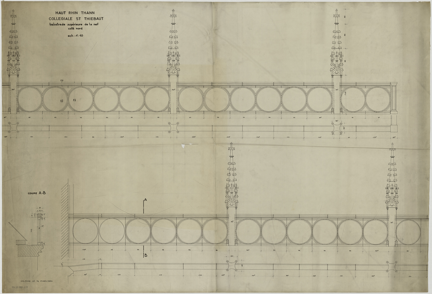 Elévations et coupe de la balustrade supérieure du côté nord de la nef.