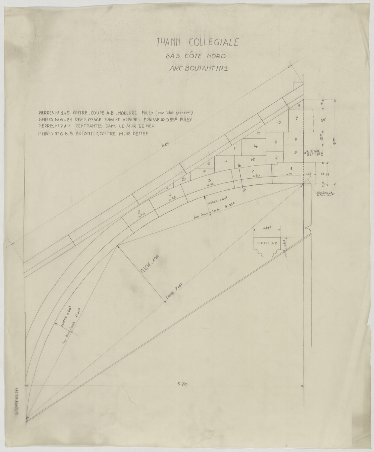 Relevé de maçonnerie de l’arc-boutant n°1 du bas-côté nord.