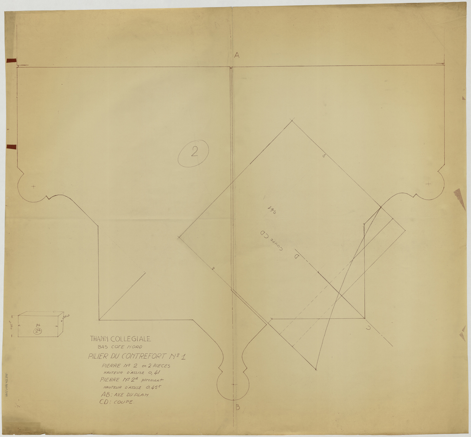 Relevé de maçonnerie du pilier du contrefort n°1 du bas-côté nord.