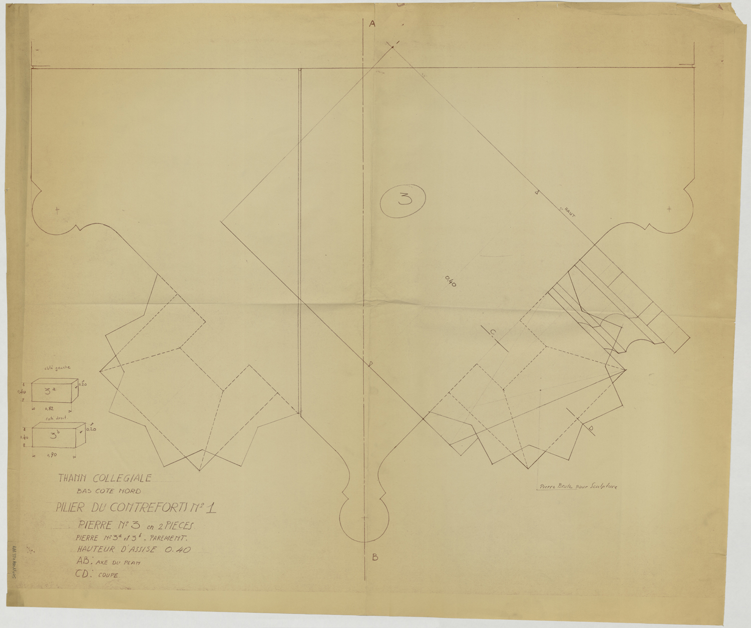 Relevé de maçonnerie du pilier du contrefort n°1 du bas-côté nord.