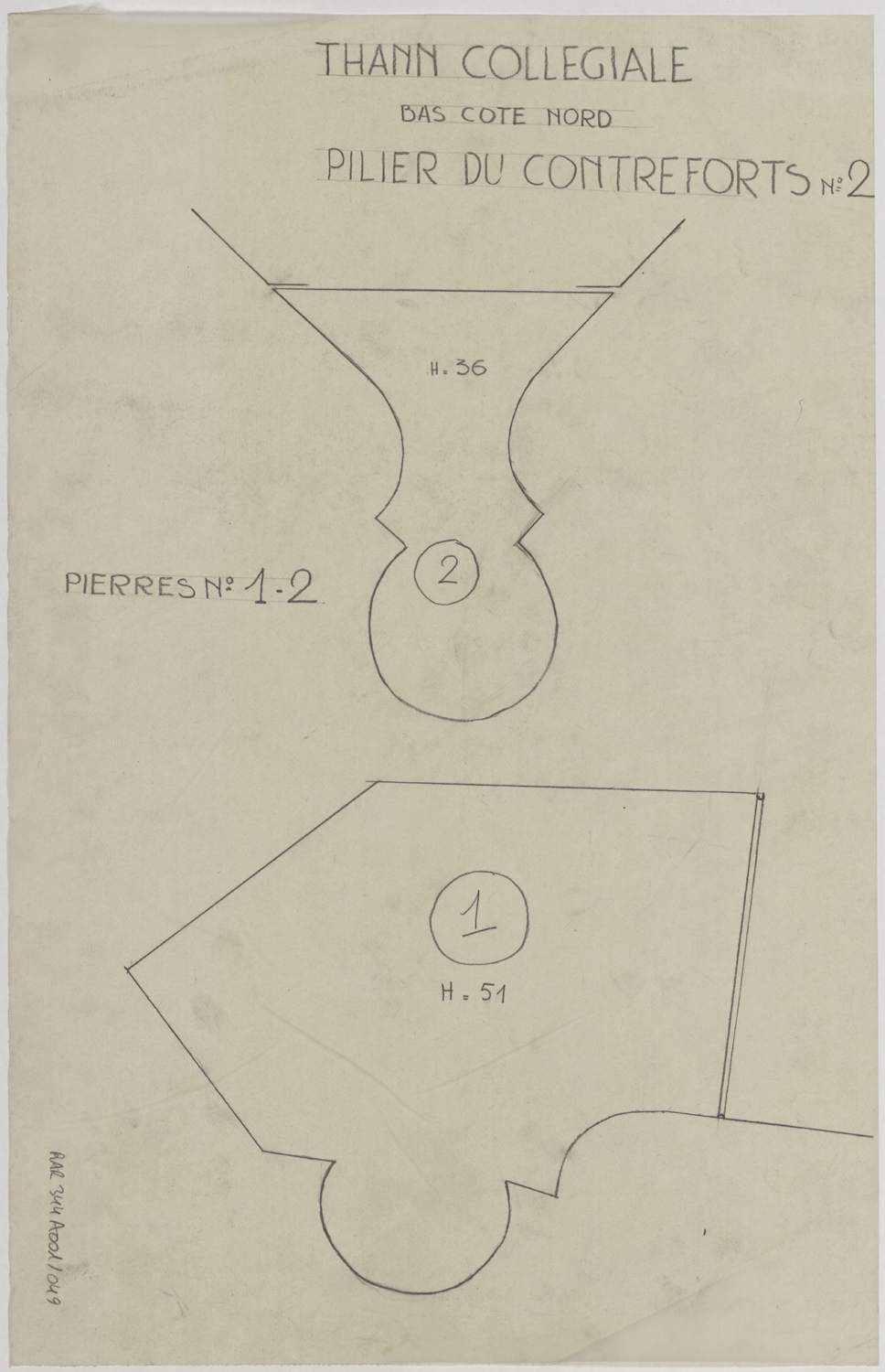 Relevé de maçonnerie du pilier du contrefort n°2 du bas-côté nord.