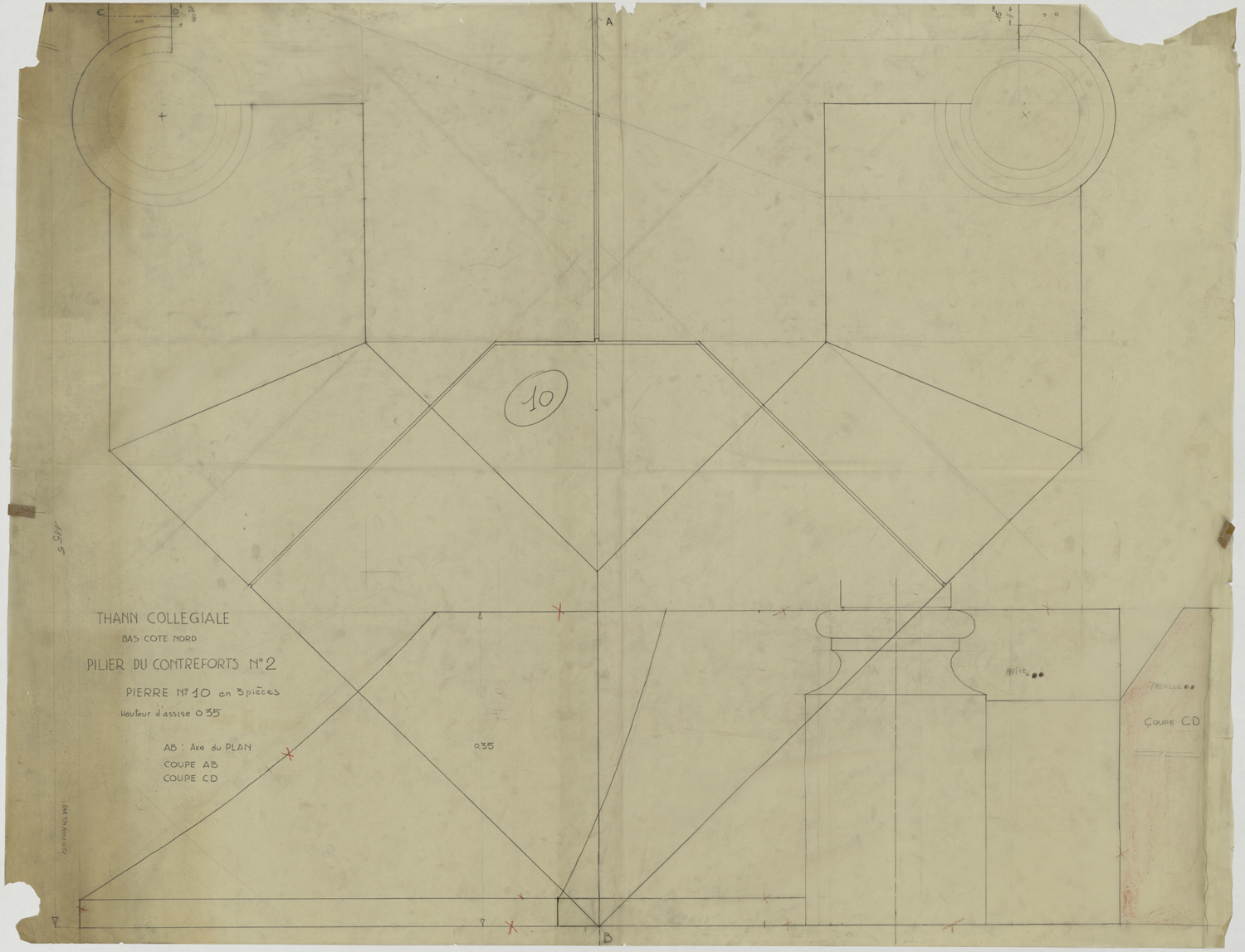 Relevé de maçonnerie du pilier du contrefort n°2 du bas-côté nord.
