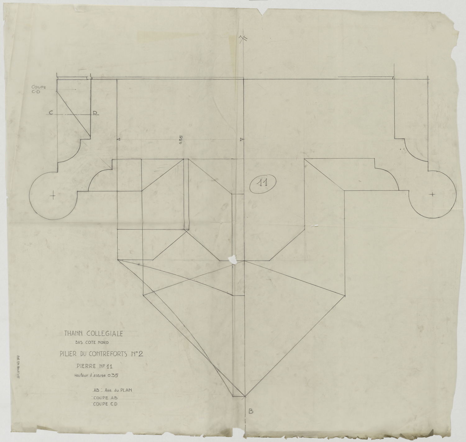 Relevé de maçonnerie du pilier du contrefort n°2 du bas-côté nord.