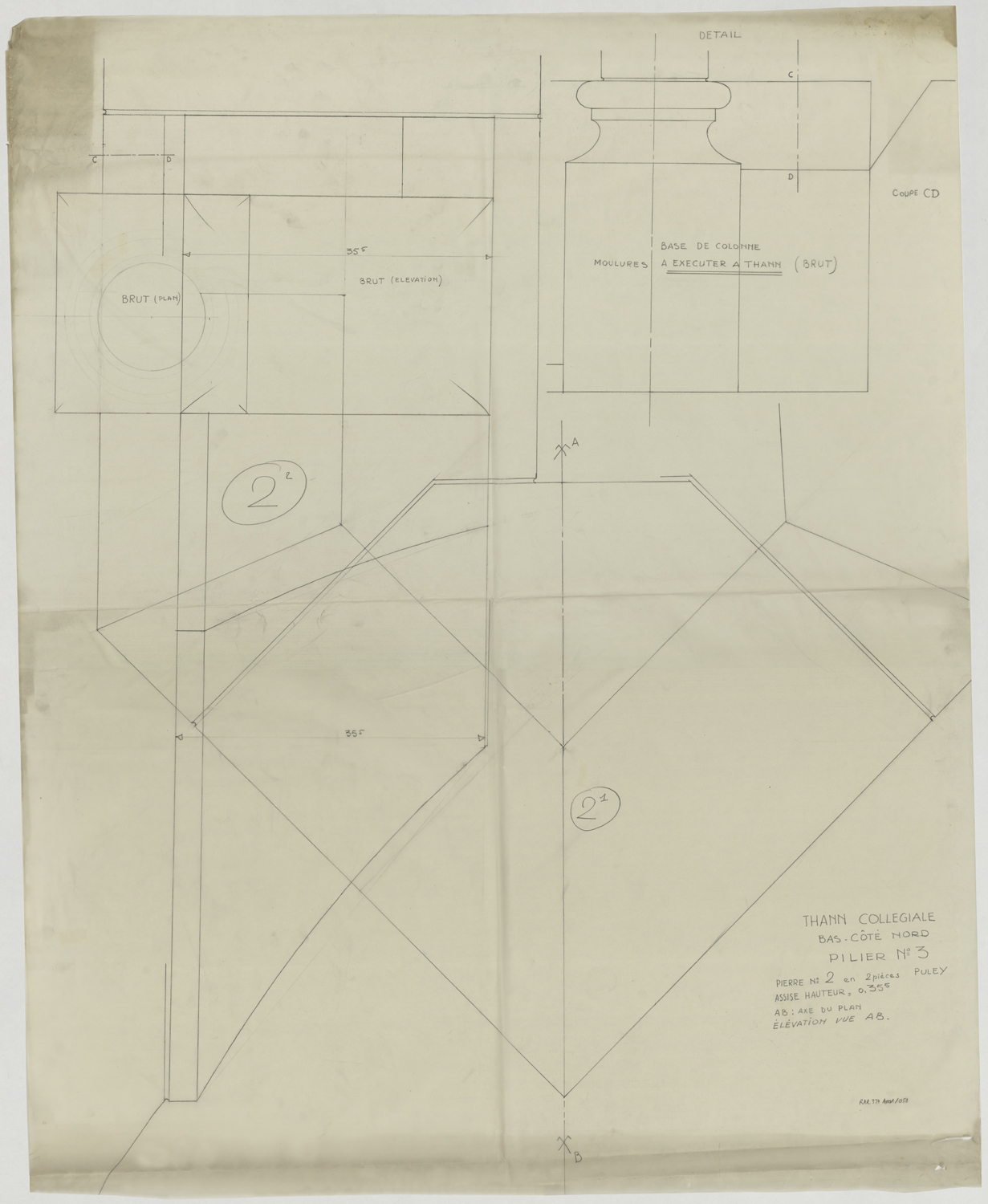 Relevé de maçonnerie du pilier du contrefort n°3 du bas-côté nord.