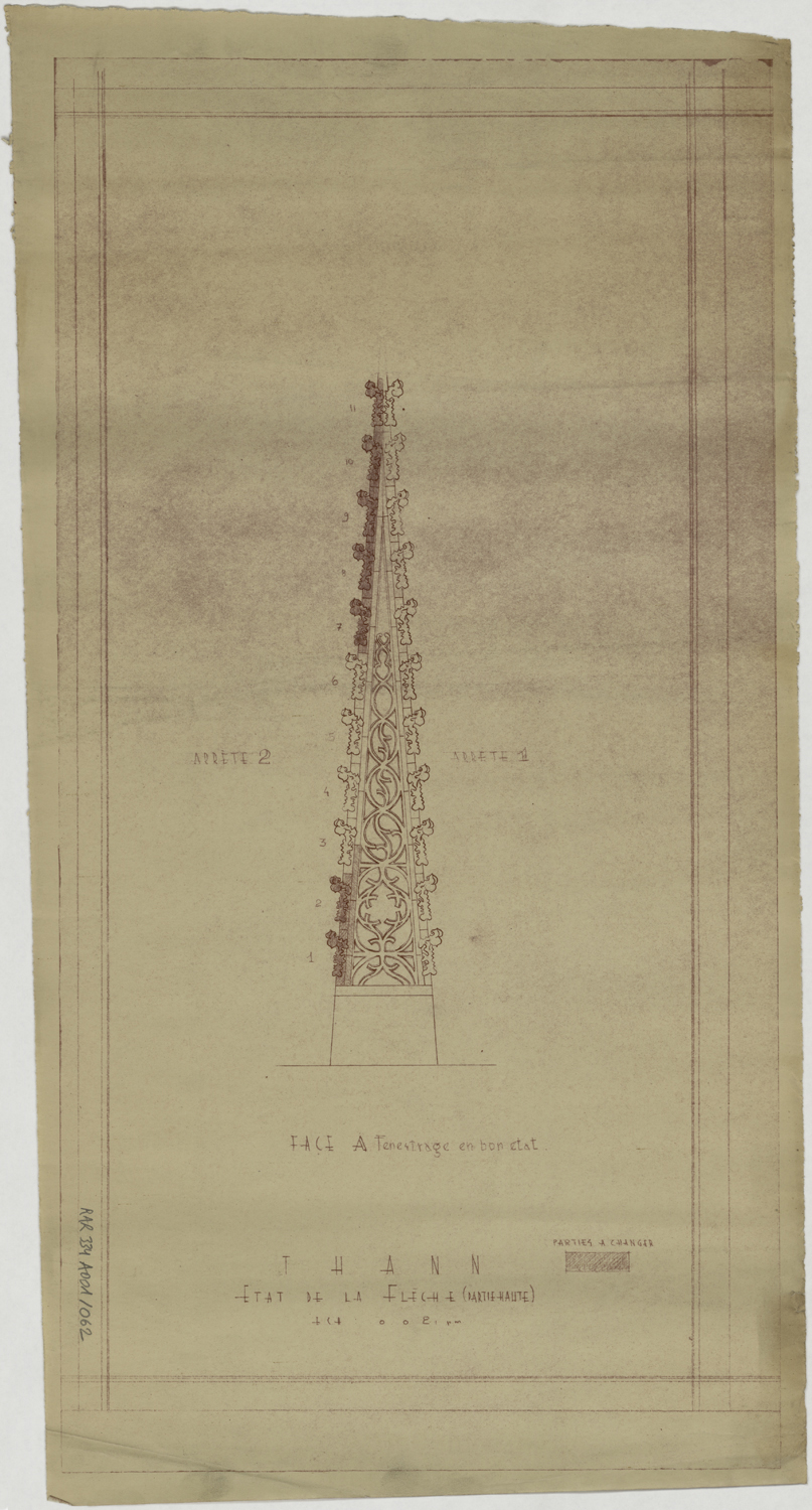 Projet de restauration, élévation de la partie haute de la flèche.