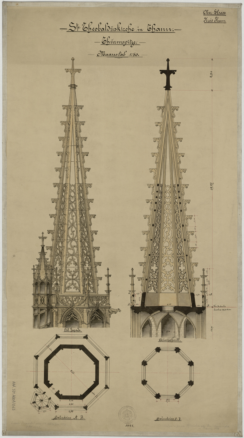 Plans, élévation et coupe sur la partie haute de la flèche.