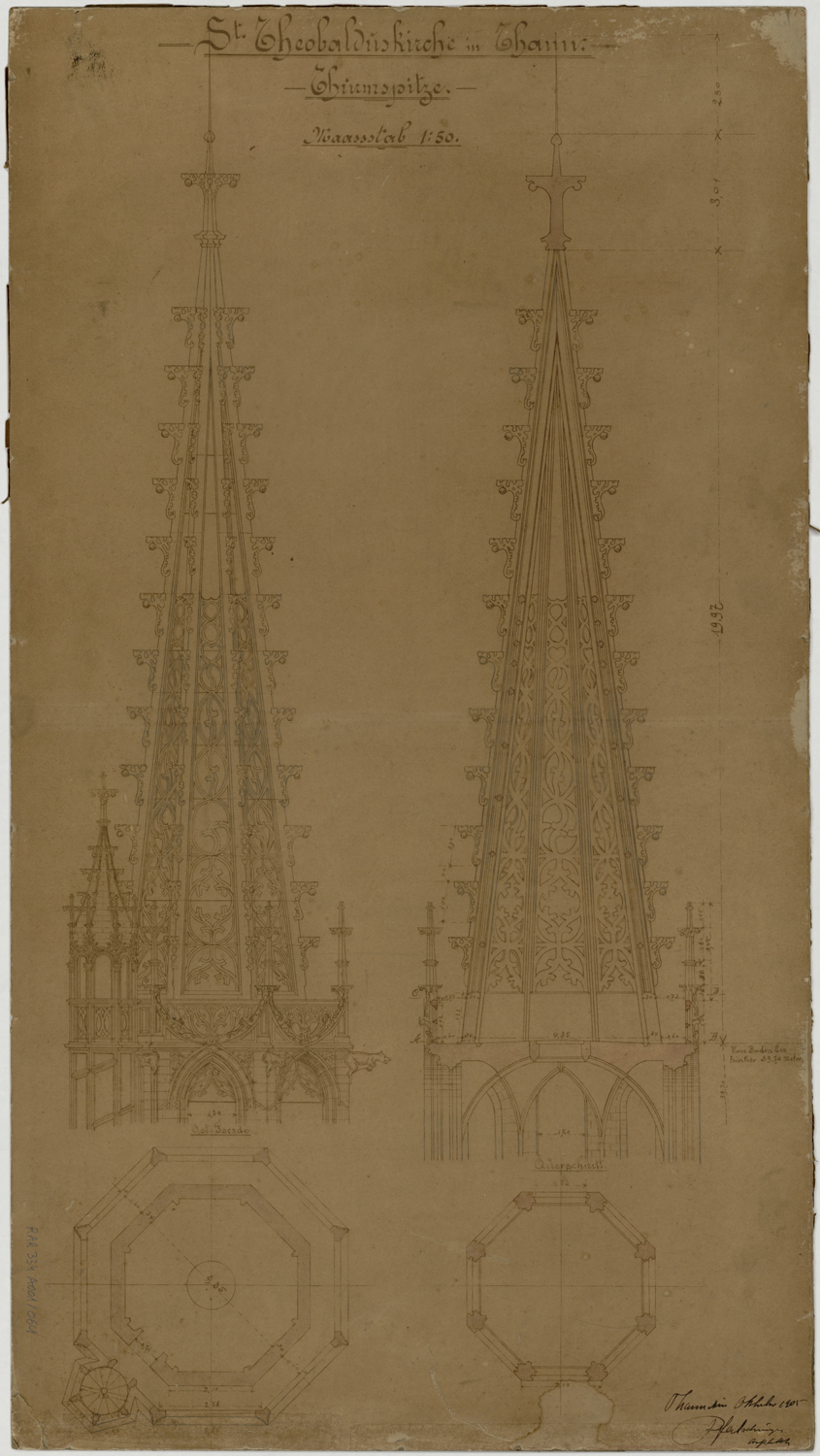 Plans, élévation et coupe sur la partie haute de la flèche.