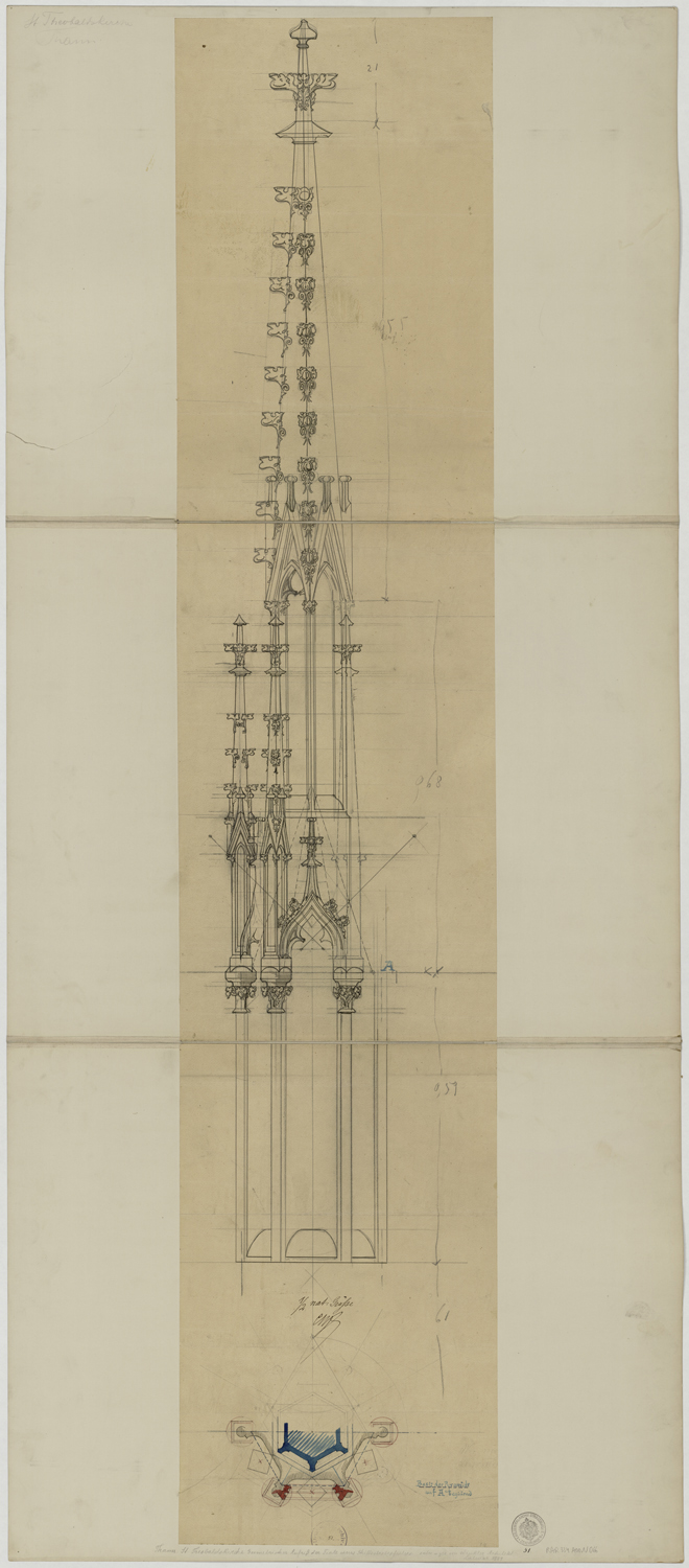 Plan et élévation de la partie haute de la flèche.