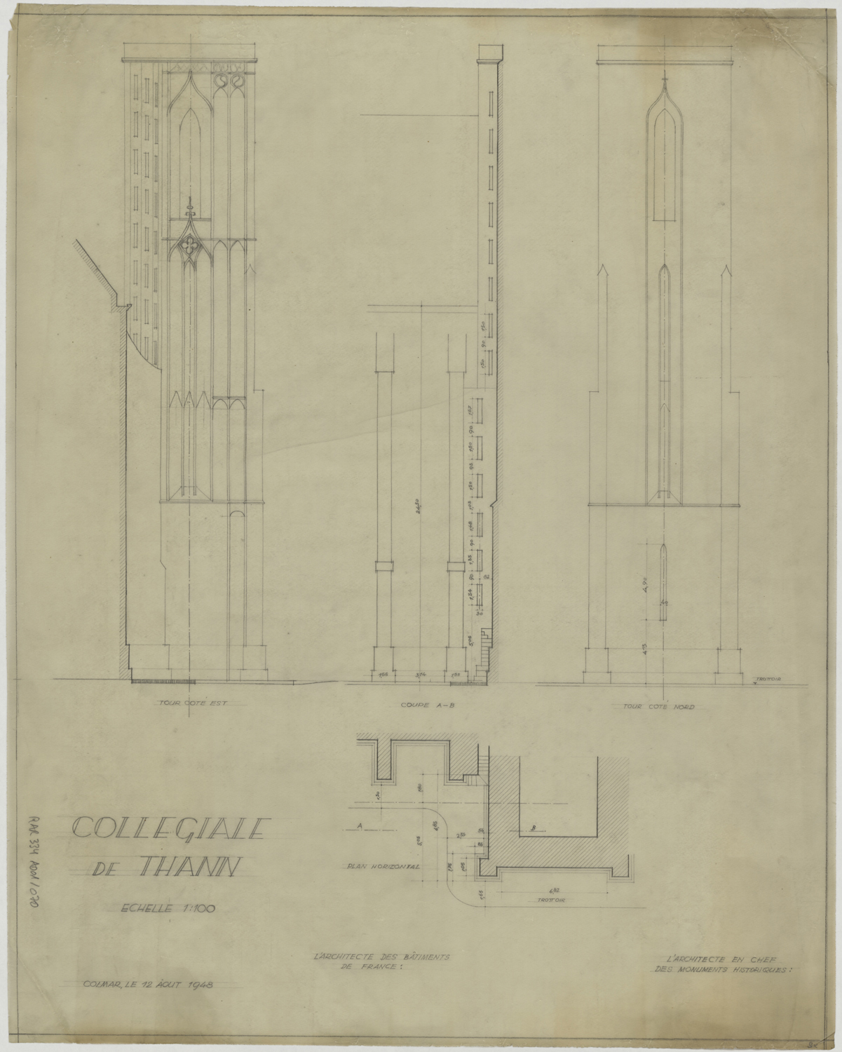 Plan de masse, élévation et coupe sur le clocher.