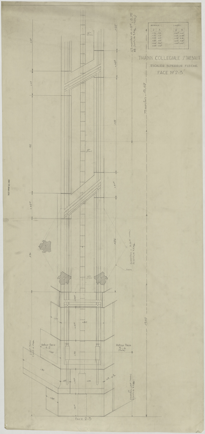 Plan et élévation de l’escalier supérieur de la flèche.