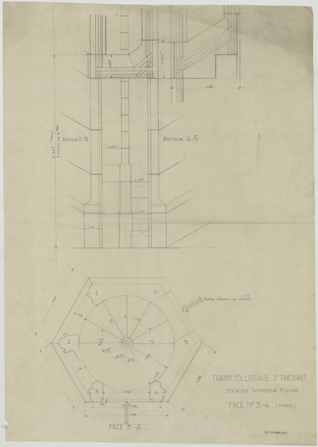 Plan et élévation de l’escalier supérieur de la flèche.
