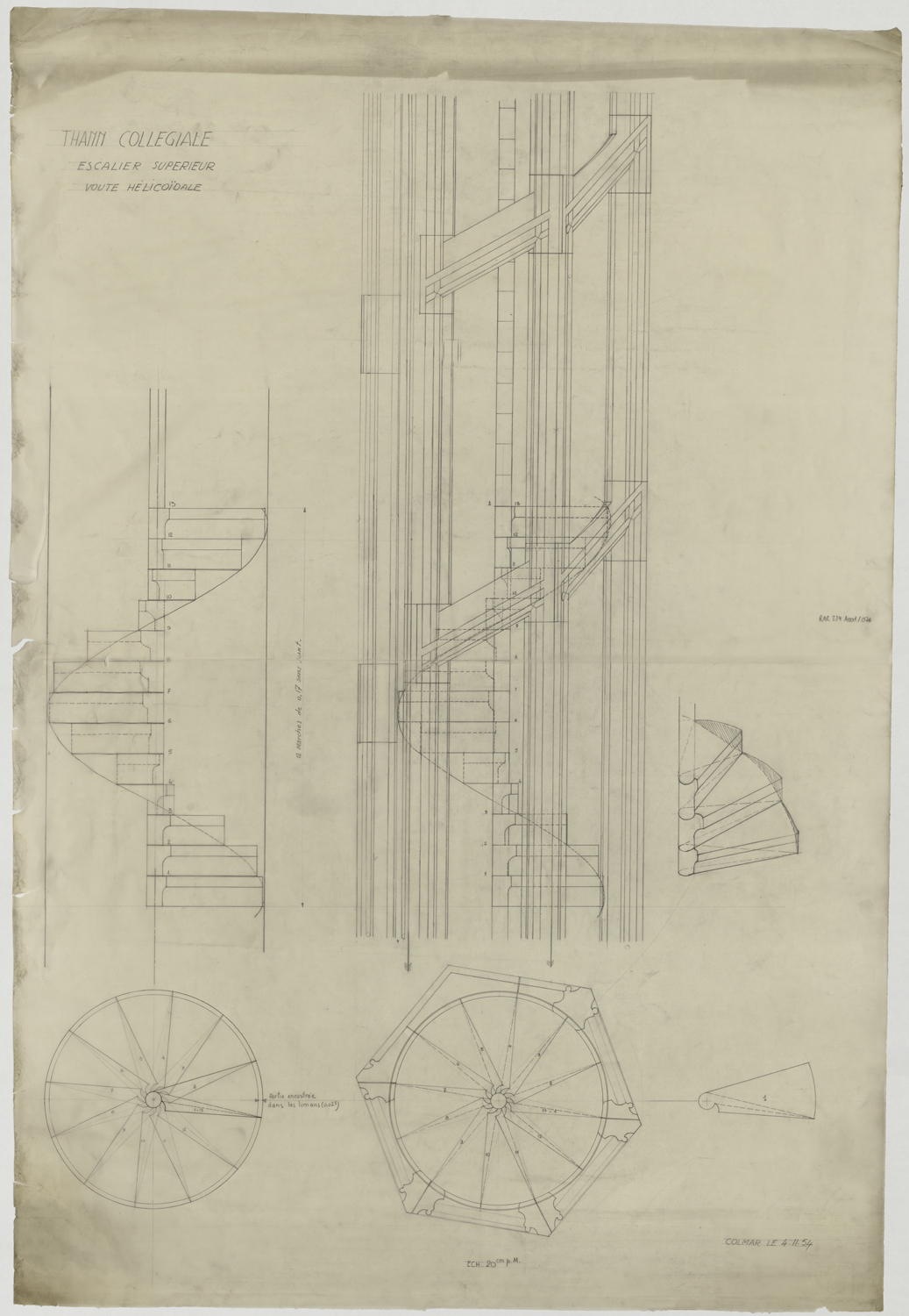 Plan et élévation de la voûte hélicoïdale de l’escalier supérieur de la flèche.