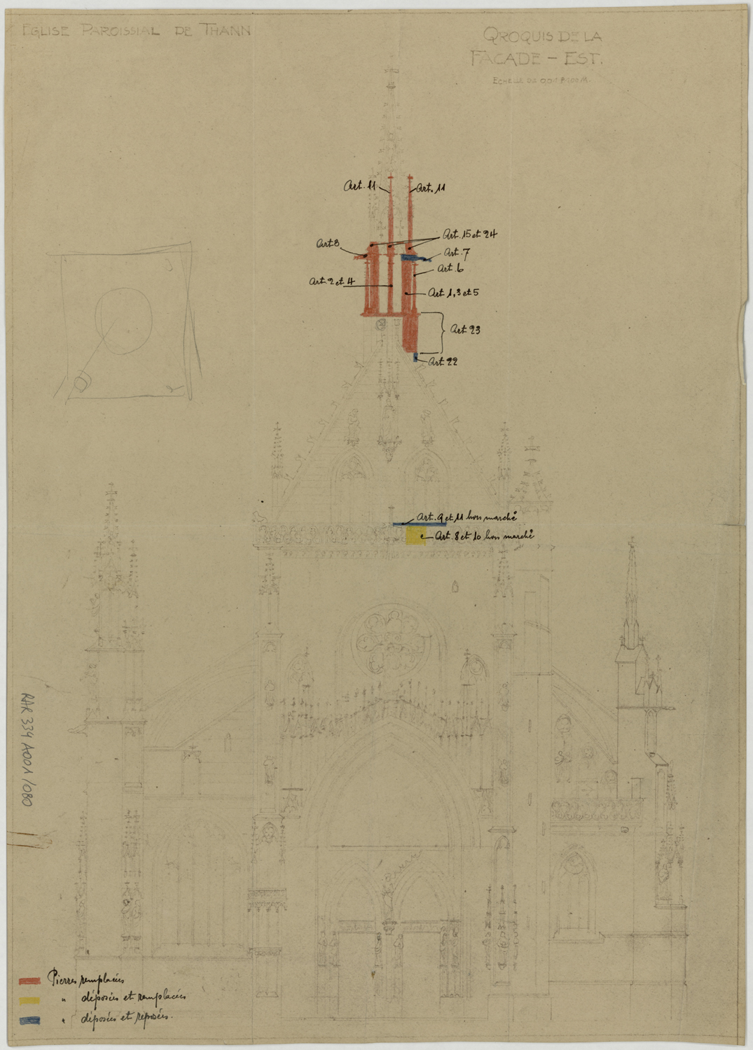 Projet de restauration, élévation de la façade occidentale.