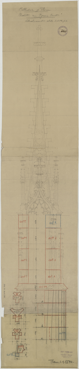 Projet de restauration, élévation du clocheton occidental et profils de modénatures.