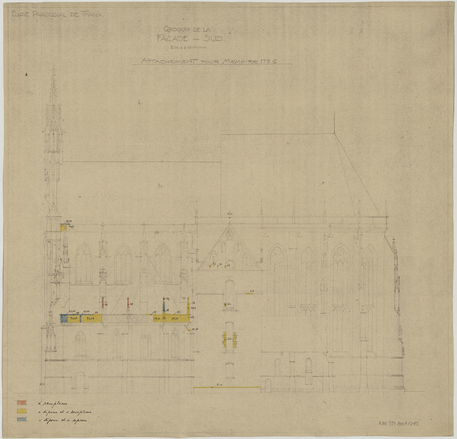 Projet de restauration, élévation de la façade sud.