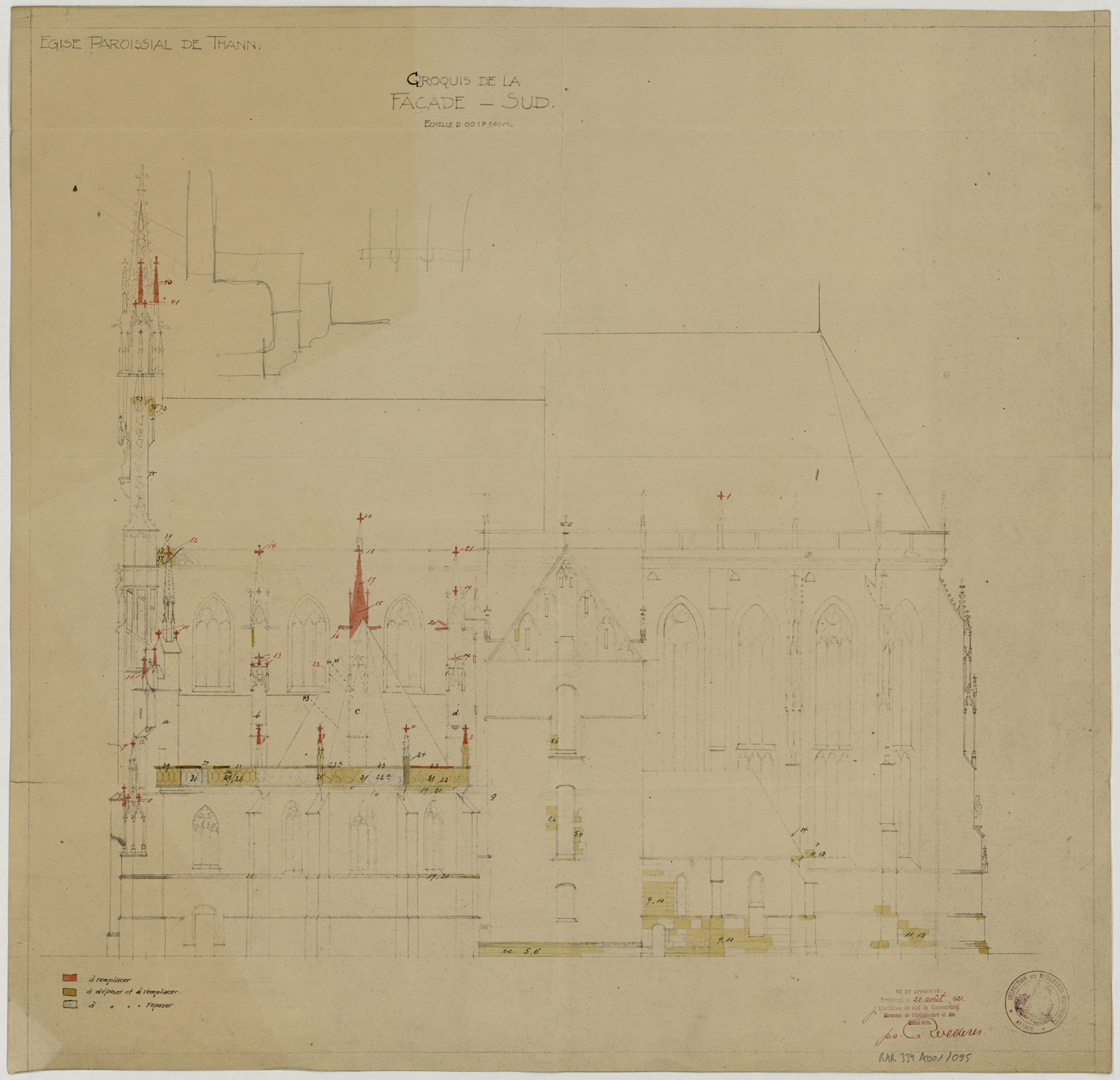 Projet de restauration, élévation de la façade sud.