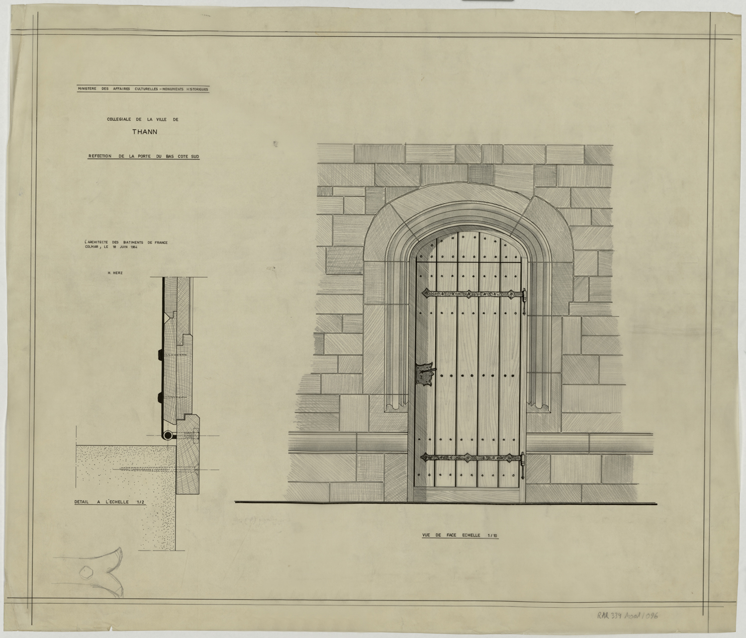 Réfection de la porte du bas-côté sud, élévation et détail.